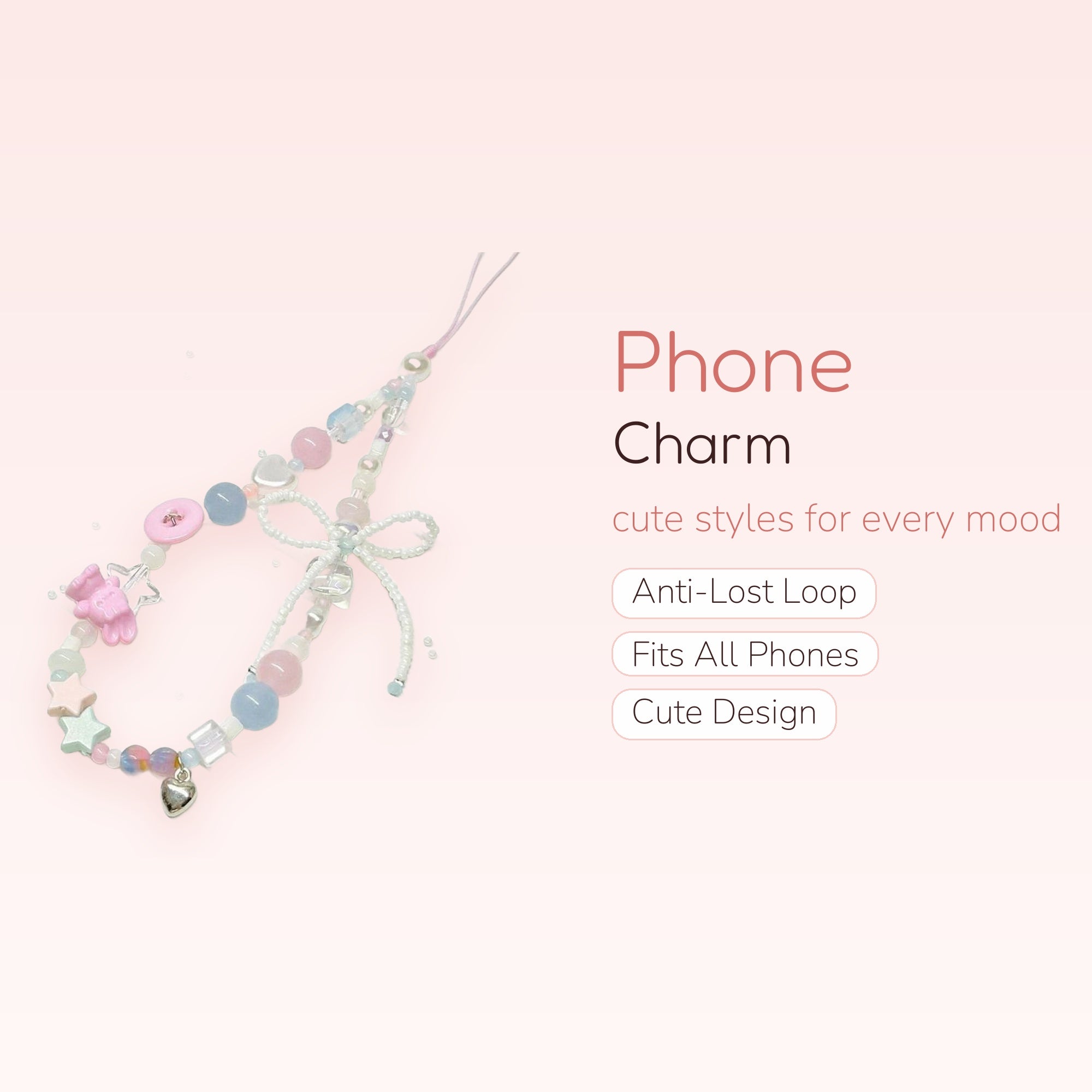 Kawaii Pastel Beaded Phone Charm Strap | Cute Bear & Heart Wrist Lanyard