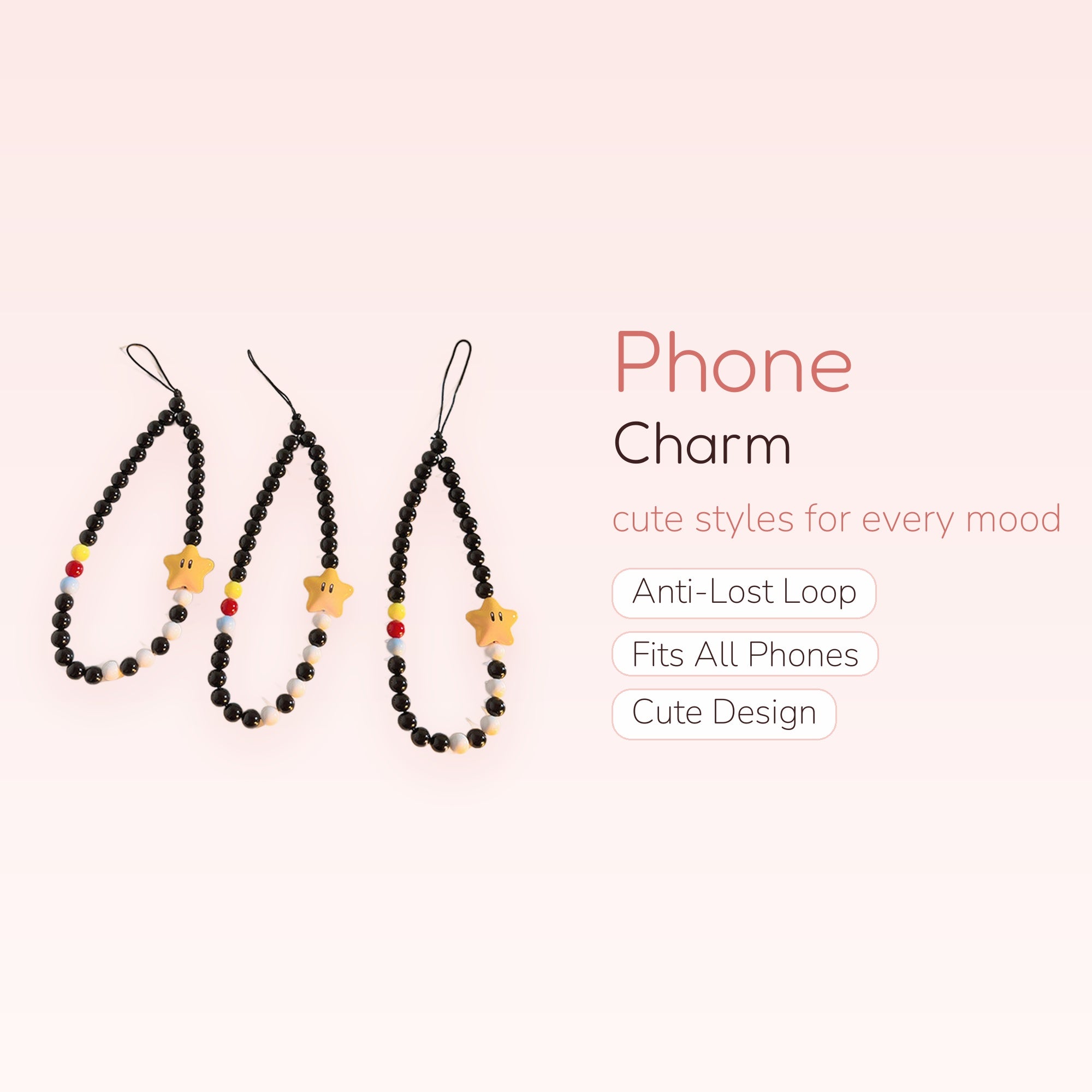 SIMPLYBUBBI — Black & White Beaded Star Phone Strap | Cute Wrist Lanyard