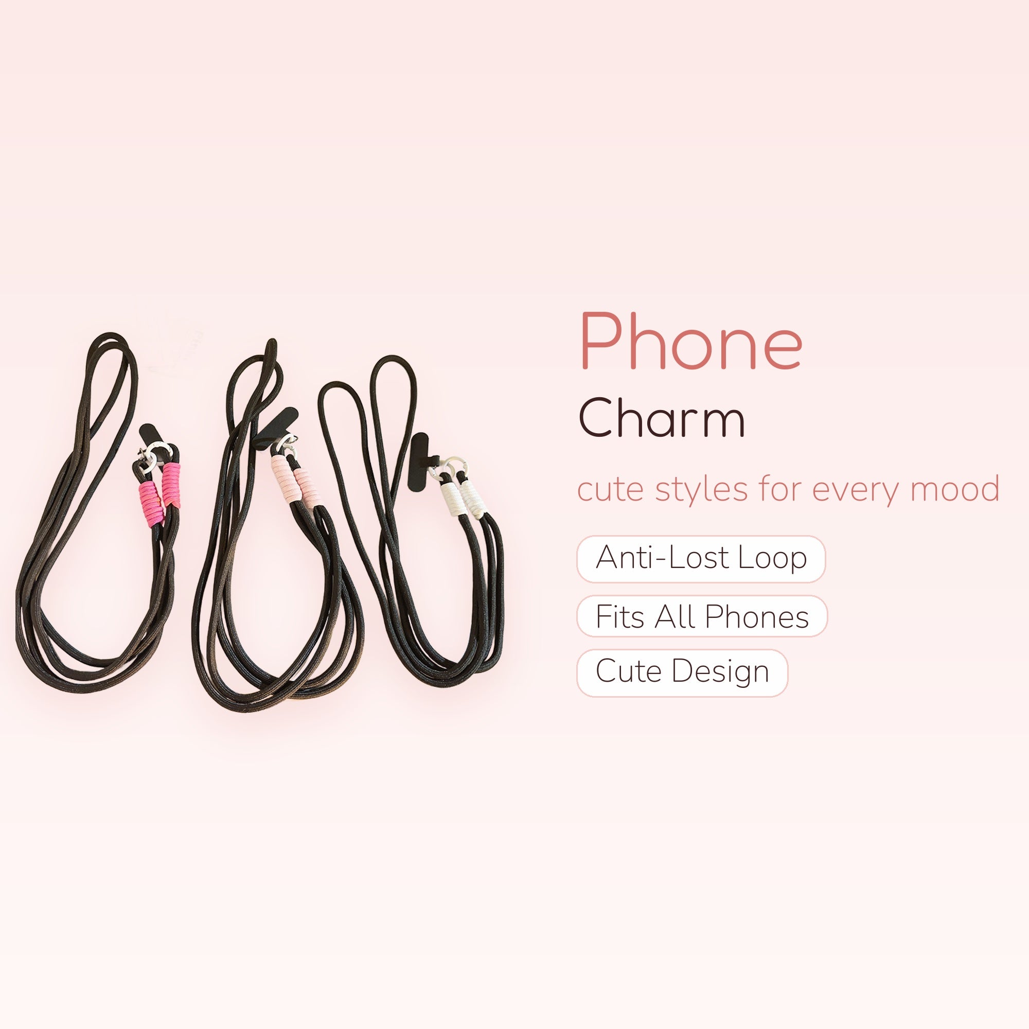 Adjustable Black Rope Phone Charm Lanyard | Cute Wrist Strap with Color Accents