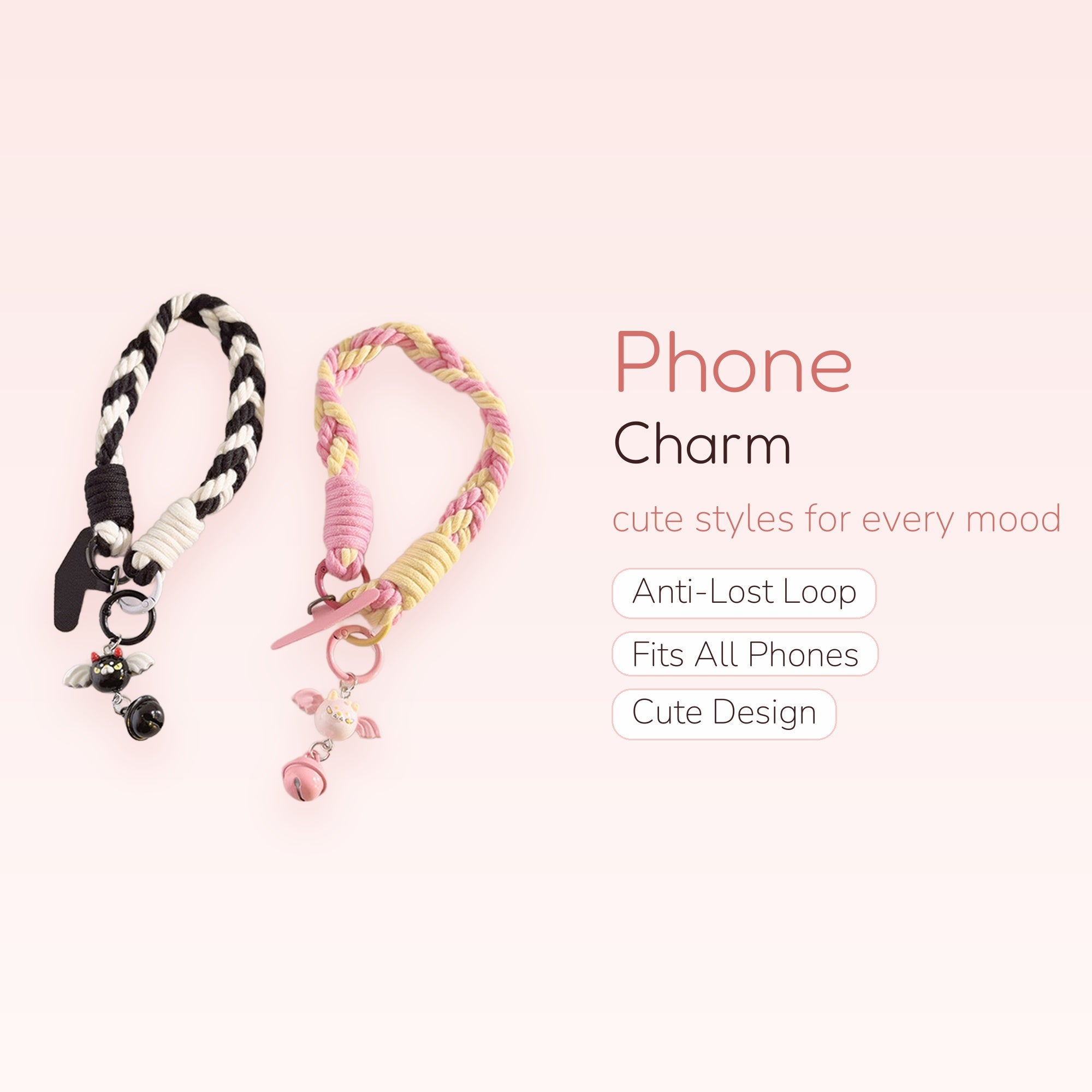 Kawaii Braided Wrist Phone Charm | Cute Cat Bell Lanyard Strap