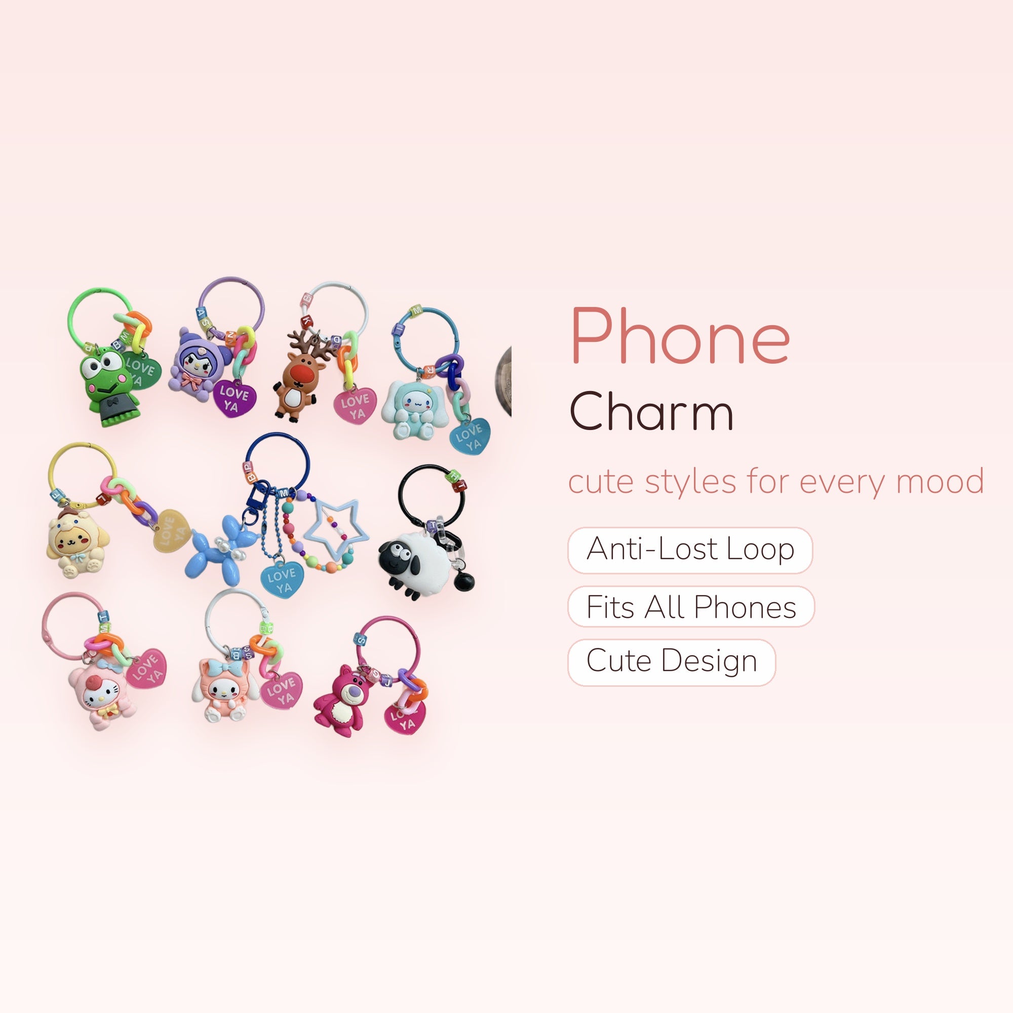 Kawaii Cartoon Character Phone Charms | Cute Silicone Animal & Heart Keychains
