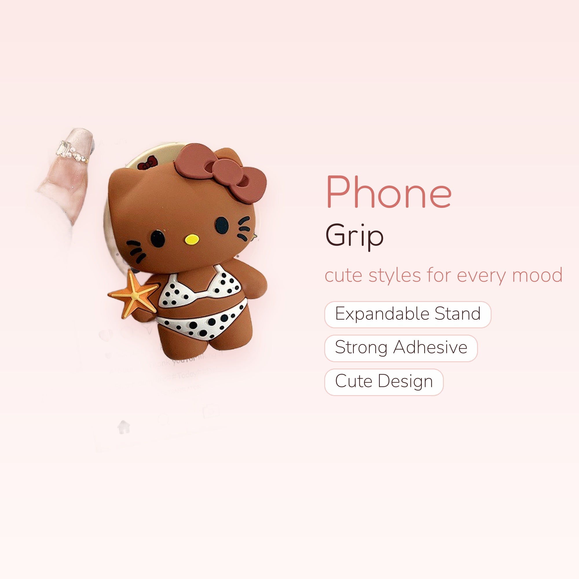 Kawaii Hello Kitty Bikini Phone Grip | Cute Brown Sanrio Pop Socket Stand