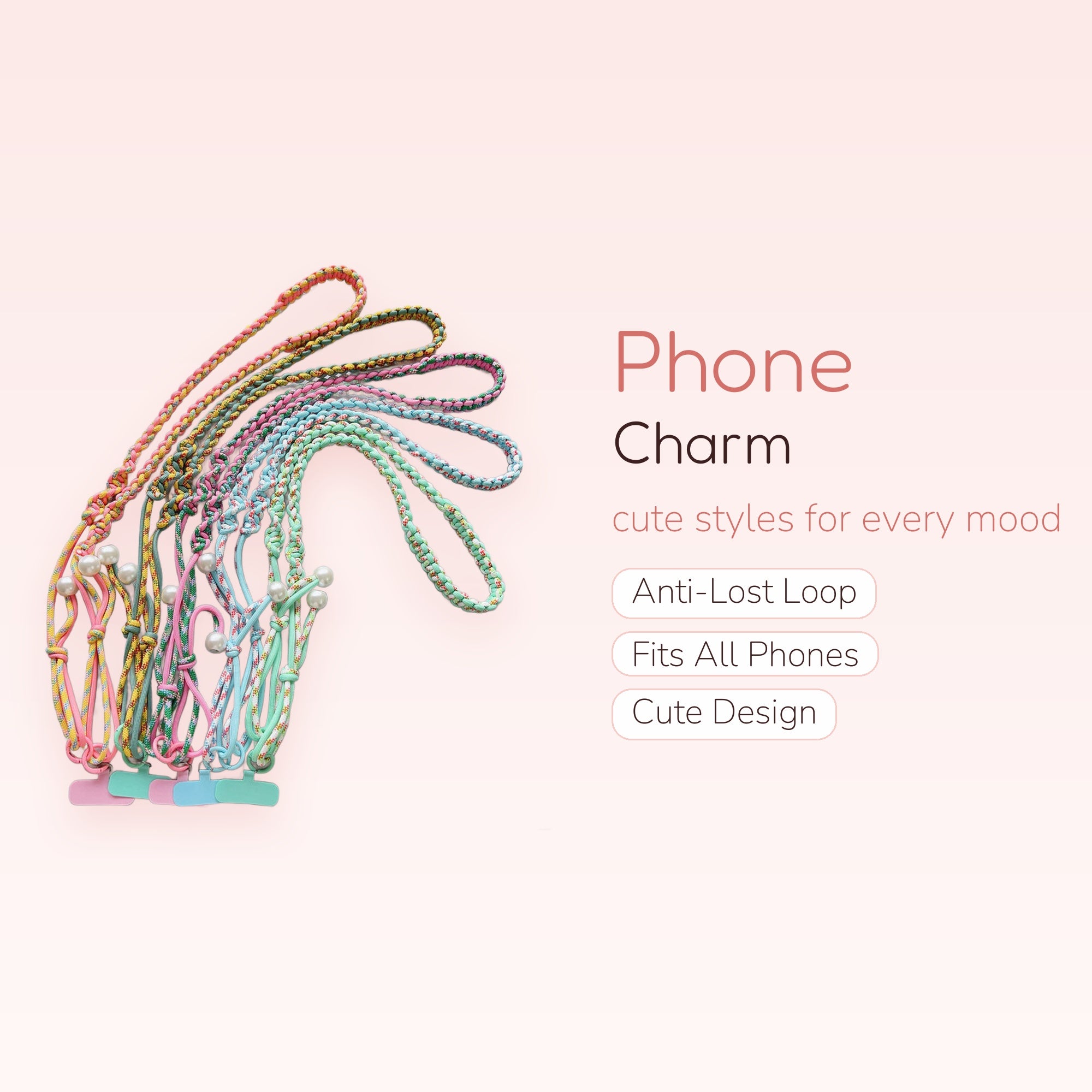 Kawaii Braided Rope Phone Lanyard with Pearl Accents | Pastel Macrame Phone Strap