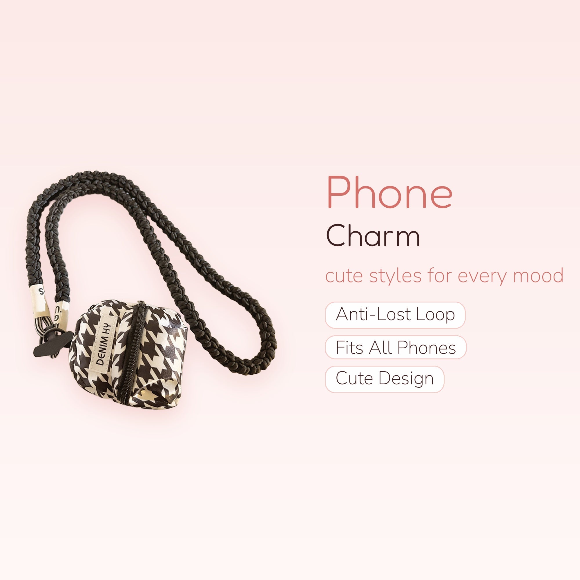 Black & White Houndstooth Mini Pouch Phone Charm | Braided Lanyard Strap