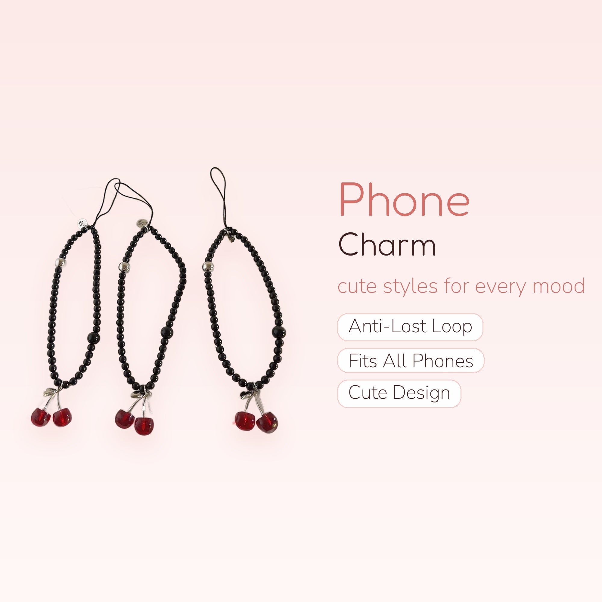 Black Beaded Cherry Phone Charm Strap | Cute Red Cherry Wrist Lanyard