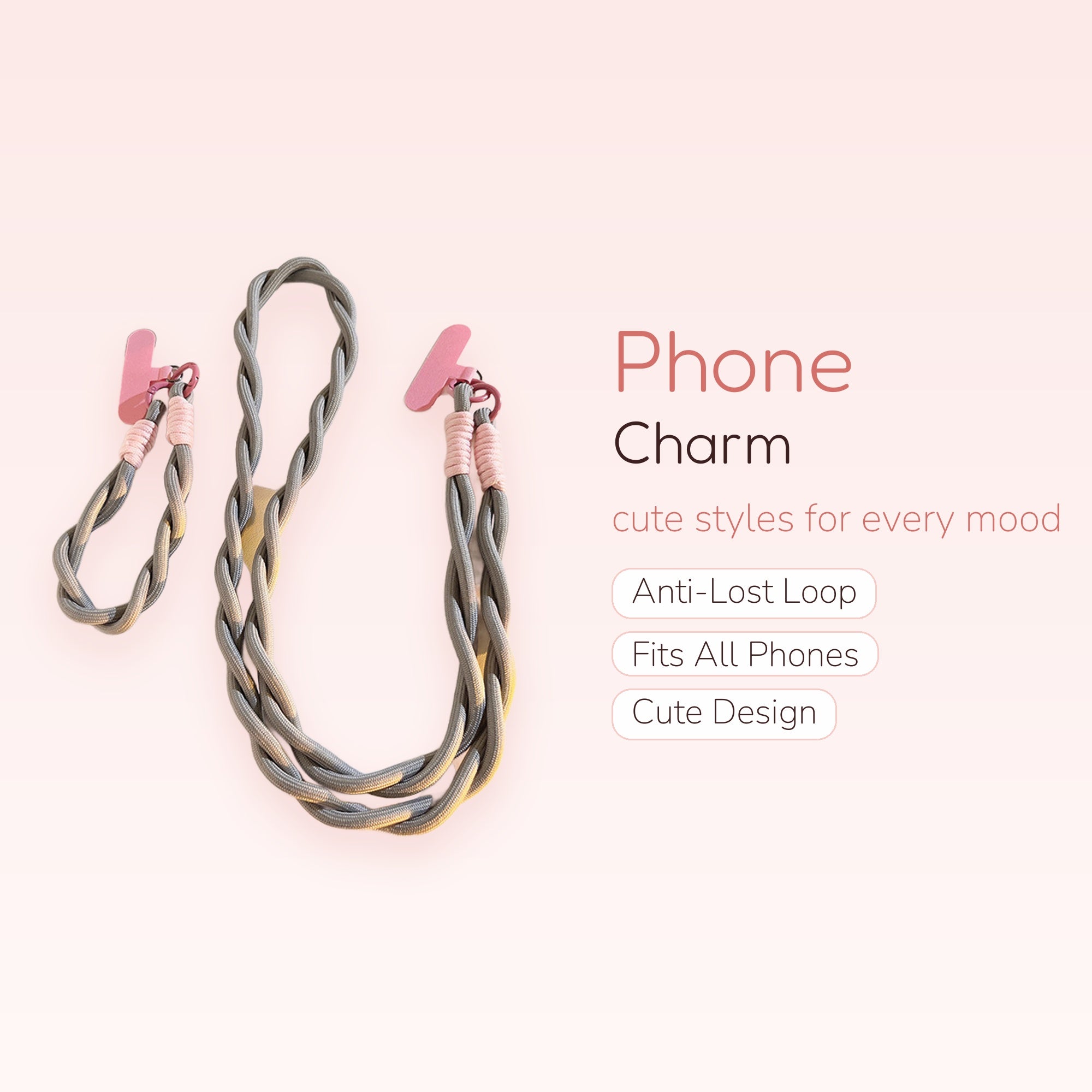 Braided Gray & Pink Phone Charm | Cute Wrist Lanyard with Pink Clips