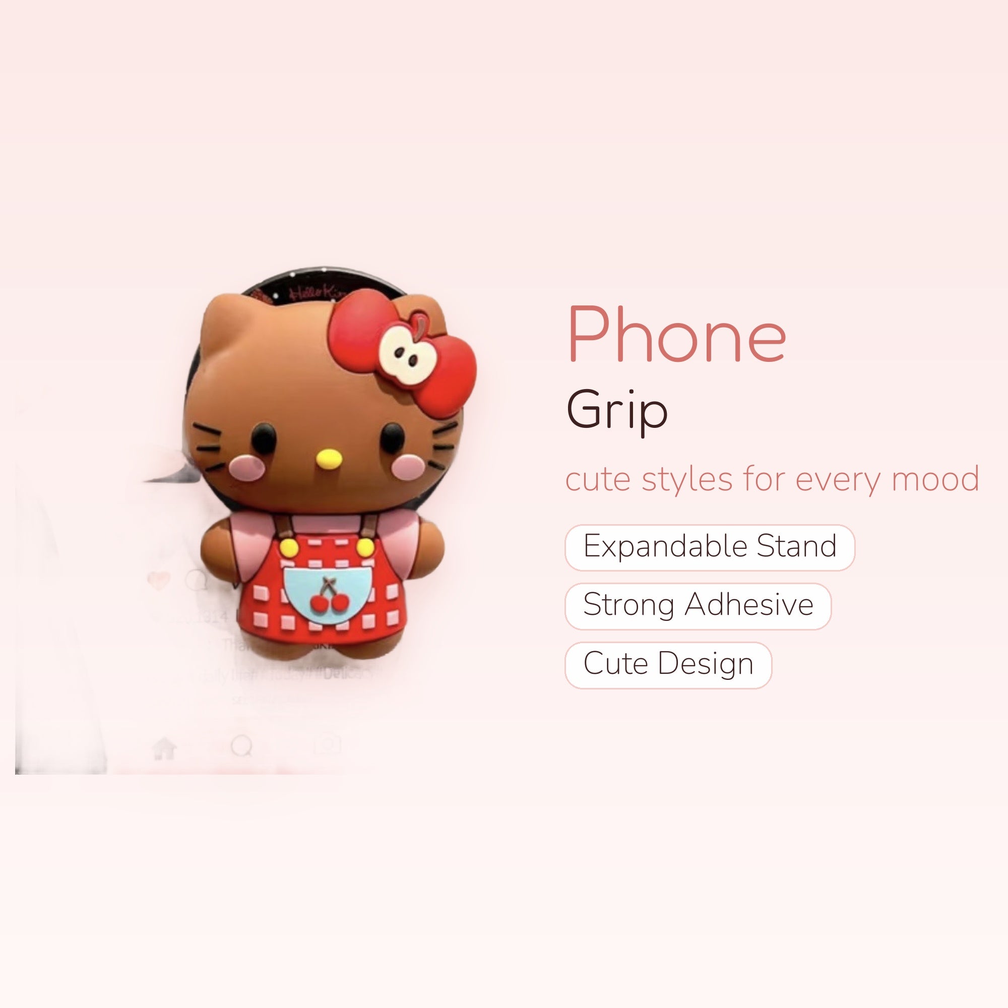 Cute Brown Hello Kitty Phone Grip | Kawaii Apple Bow Pop Socket Stand