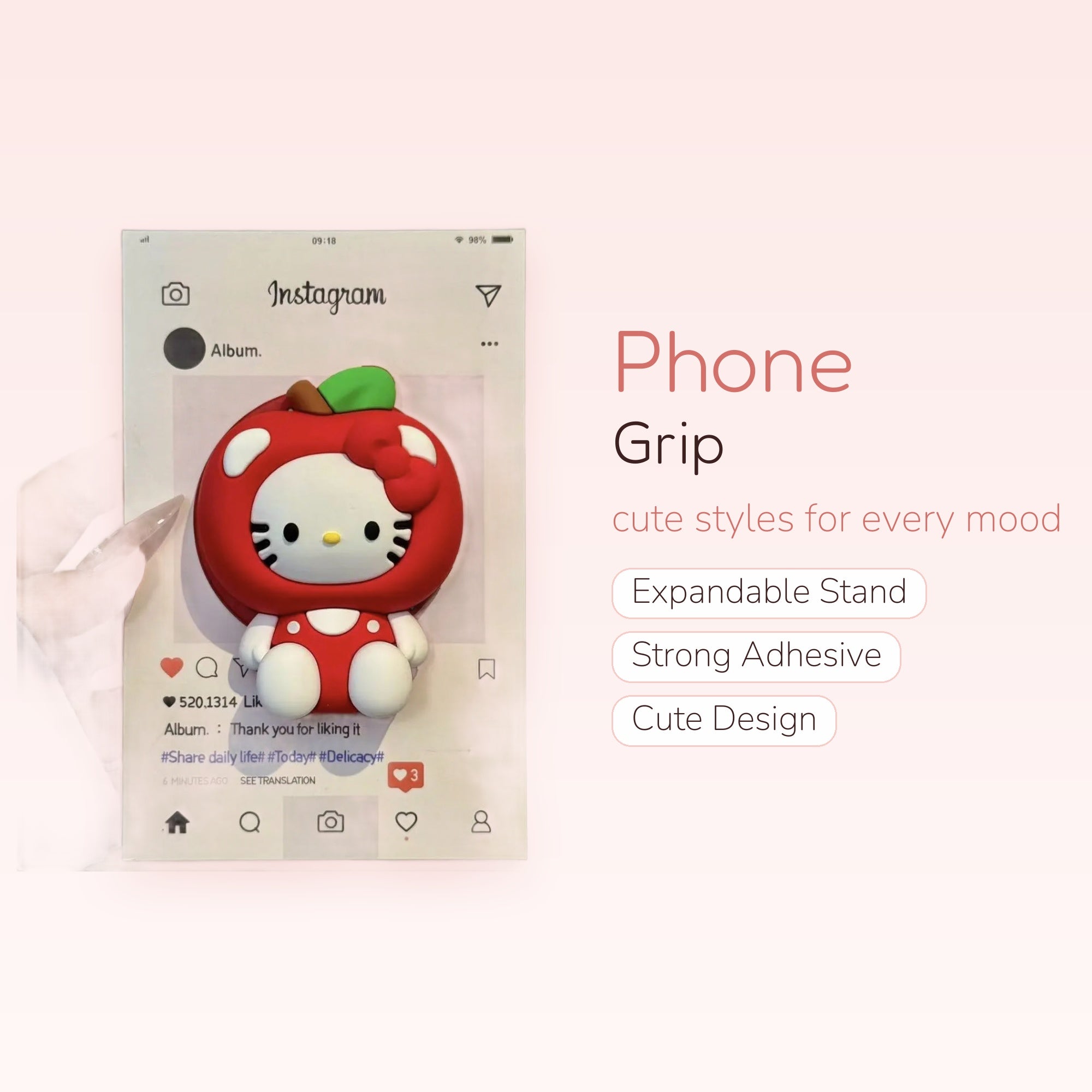 Cute Hello Kitty Apple Phone Grip | Kawaii Red Fruit Pop Socket Stand