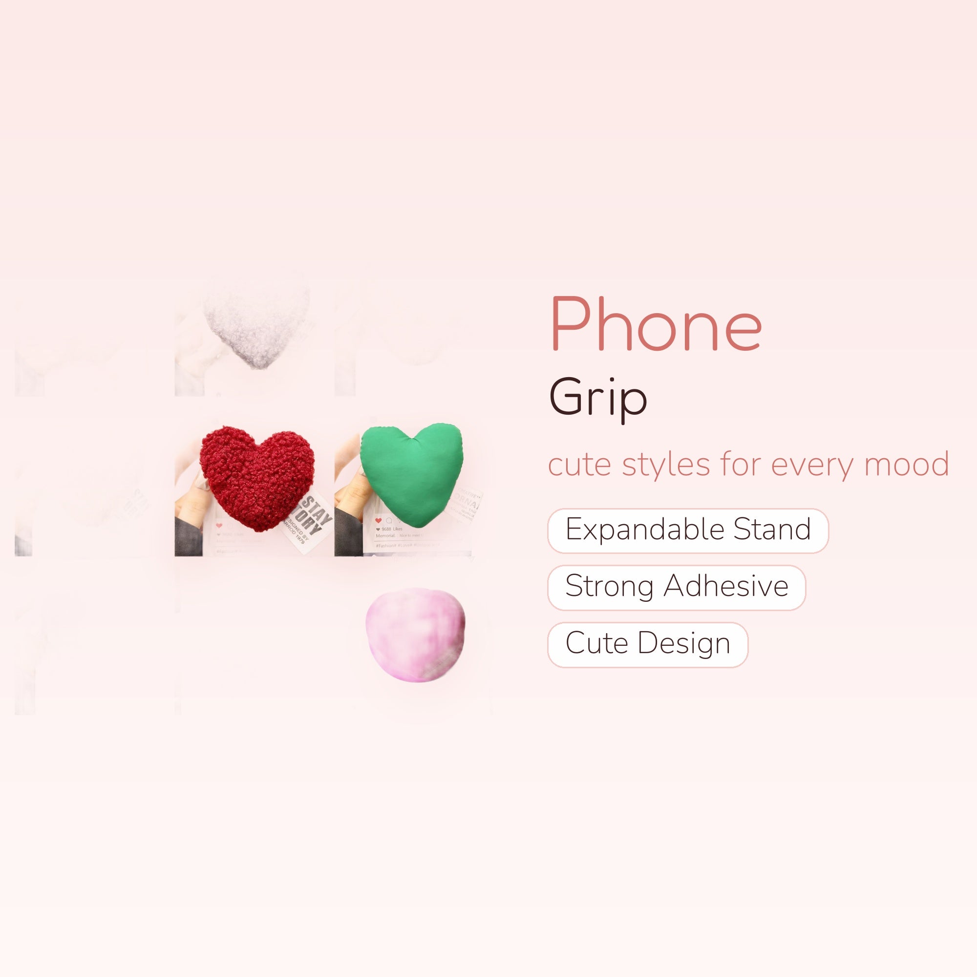 Fluffy Heart Phone Grip | Kawaii Plush Pop Socket Stand in Multiple Colors