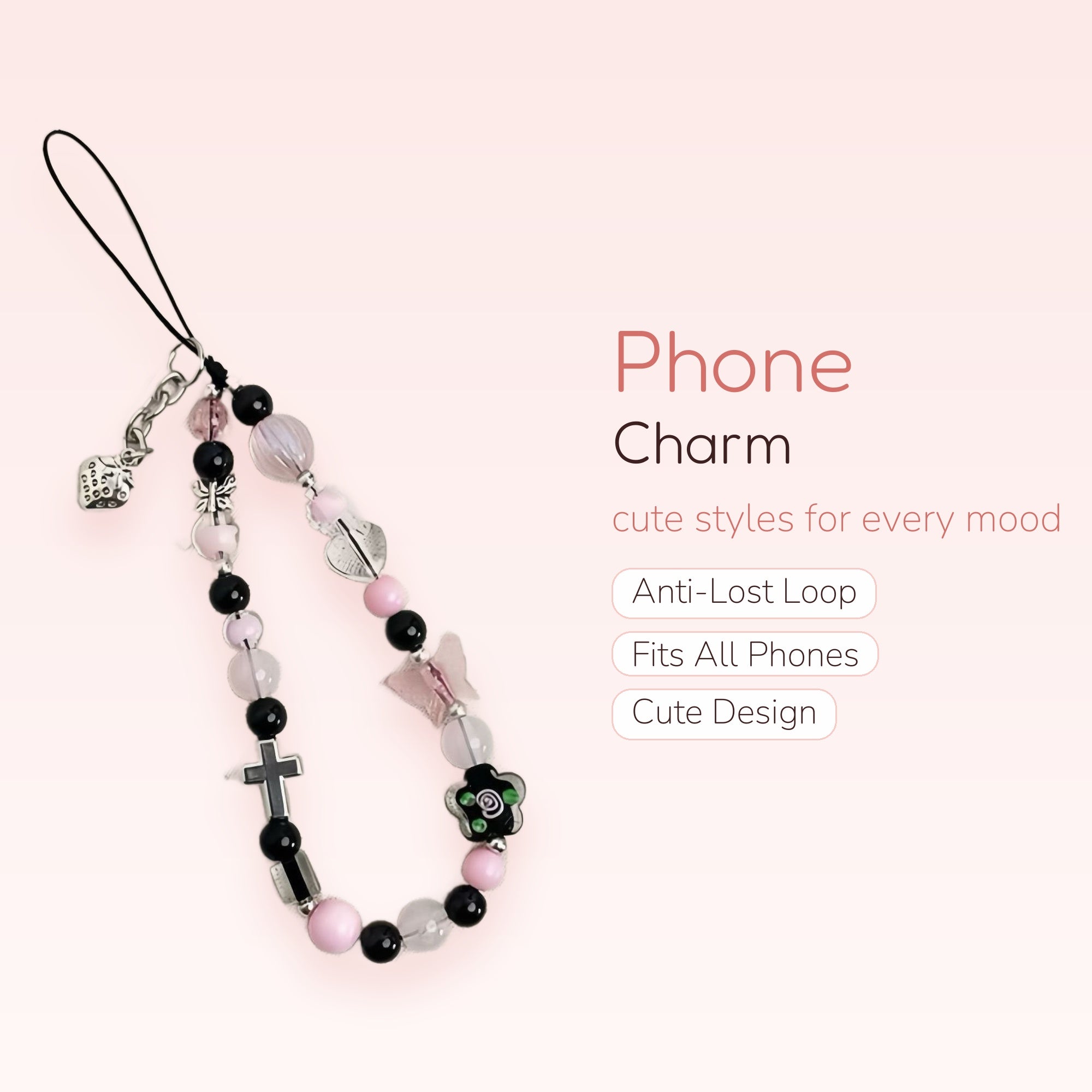 Pink & Black Beaded Phone Charm Strap | Aesthetic Cross & Butterfly Wrist Lanyard