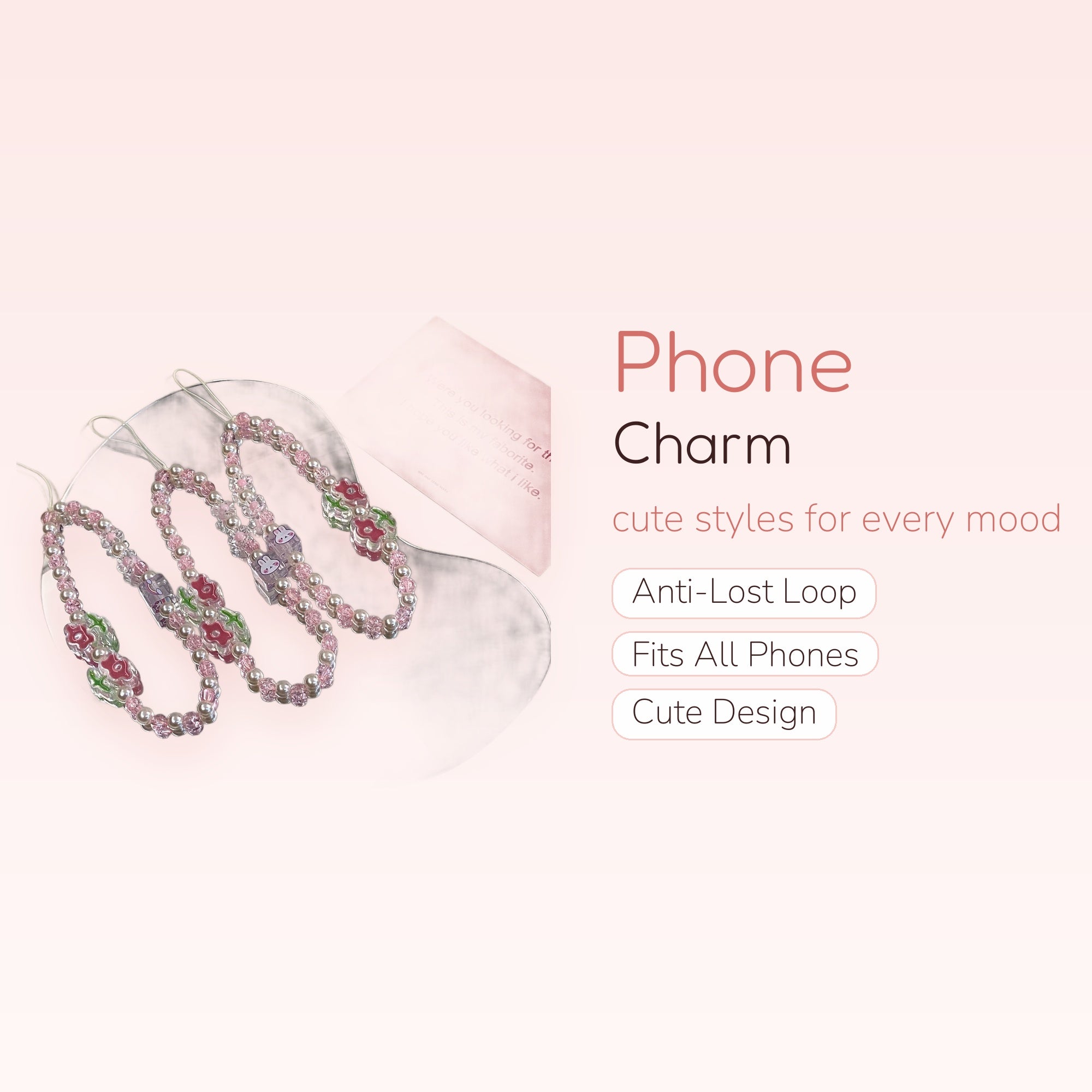 Pink Pearl & Crystal Beaded Phone Charm | Cute Bunny & Flower Wrist Strap