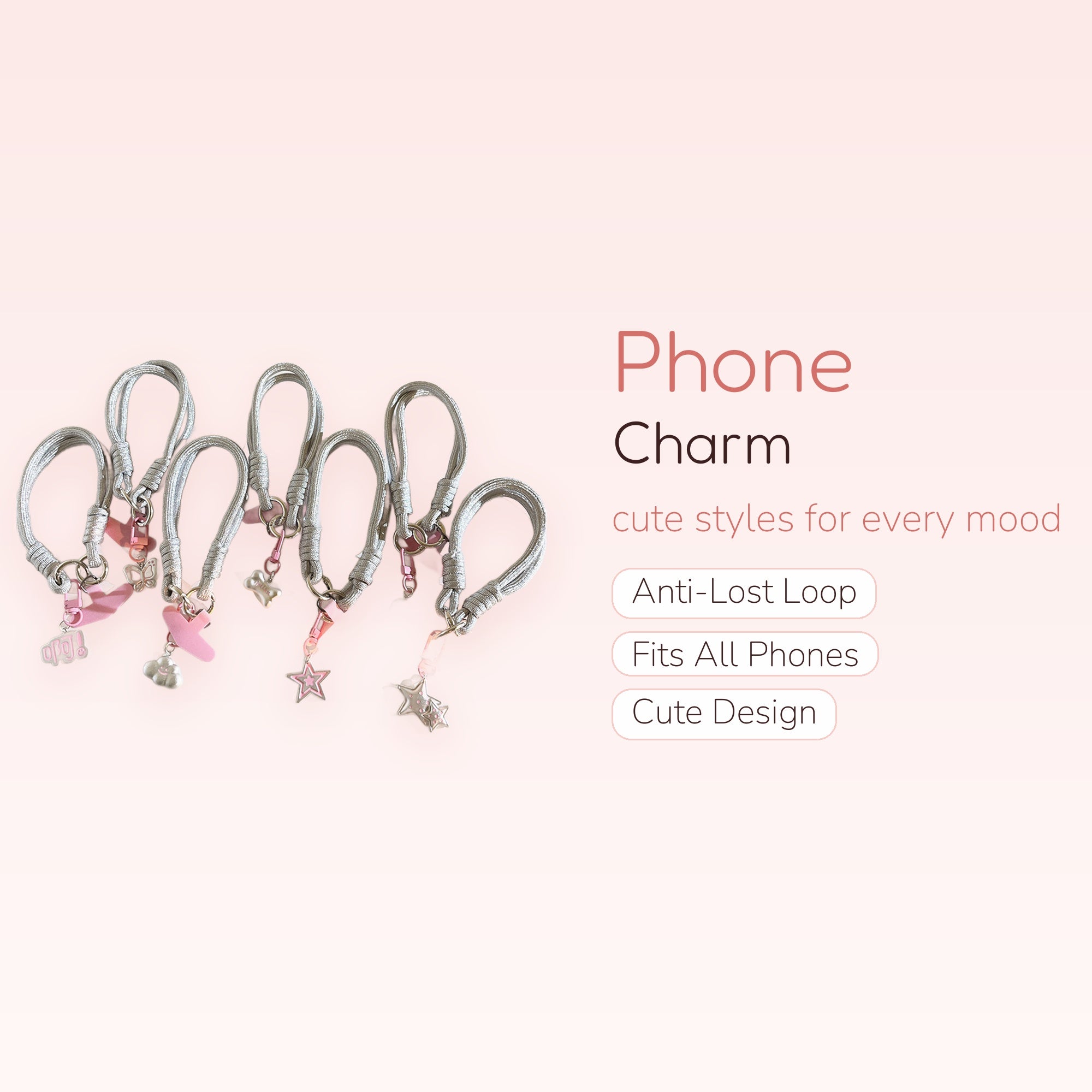 Y2K Silver Rope Phone Charm Strap | Pink Heart & Star Wrist Lanyard