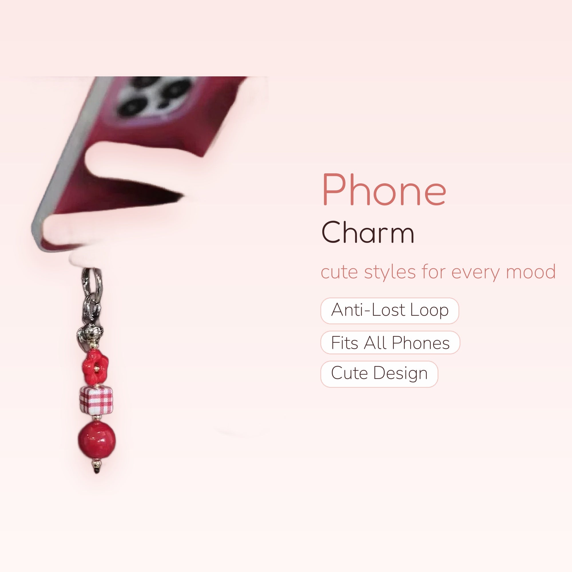 Red Gingham & Floral Phone Charm | Aesthetic Beaded Phone Strap