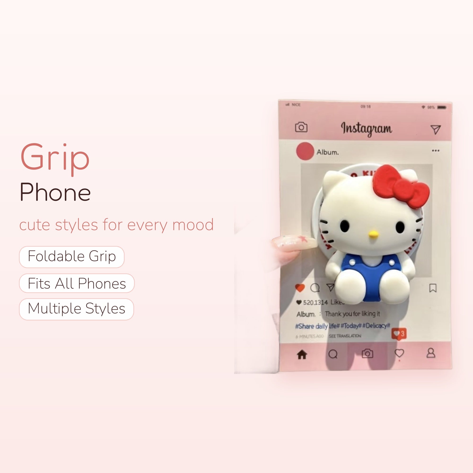 Hello Kitty Instagram Phone Grip | Kawaii Pop Socket Stand for iPhone & Android