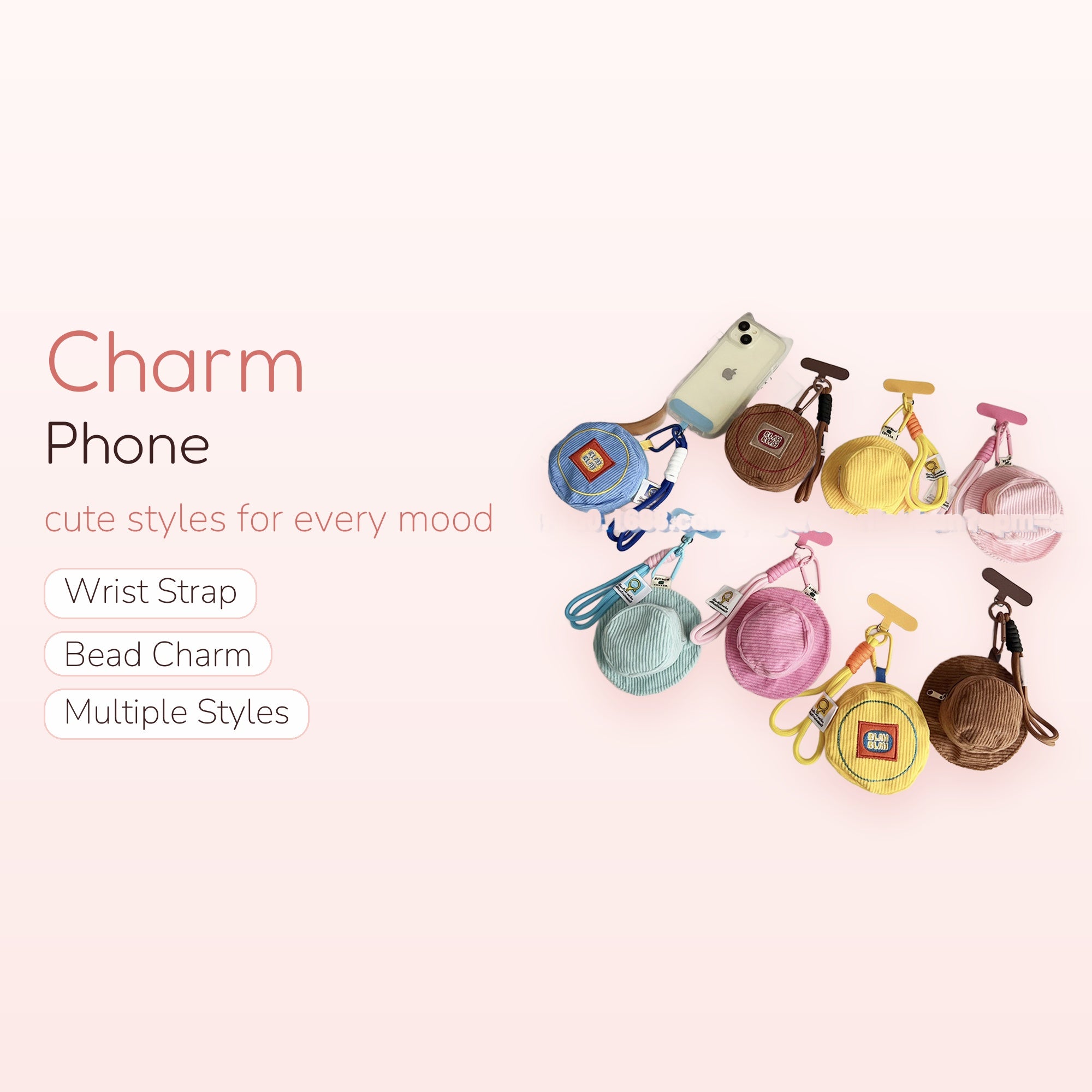 Corduroy Bucket Hat Phone Charm | Cute Mini Bag Wrist Strap
