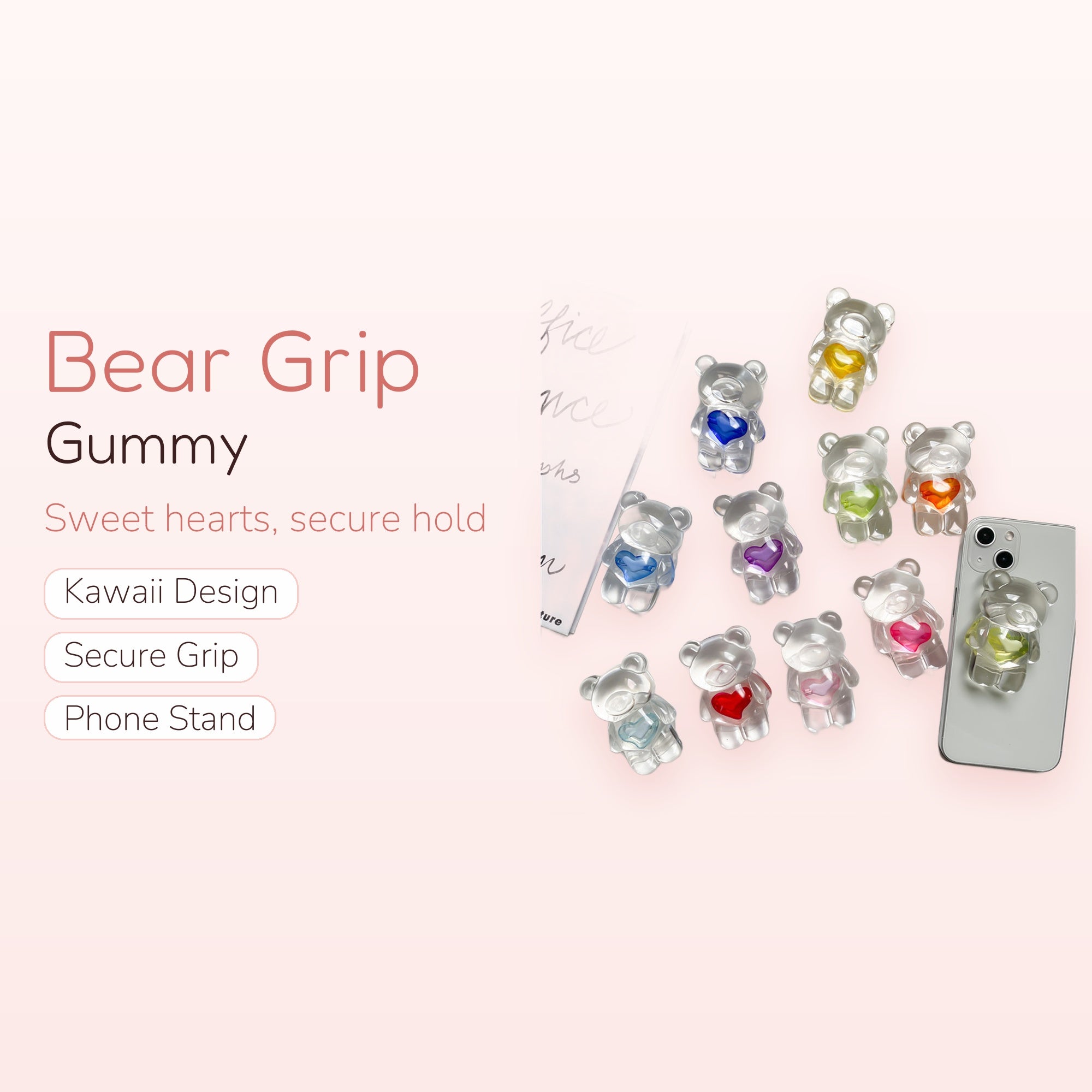 Clear Gummy Bear Phone Grip | Kawaii Heart Pop Socket Stand