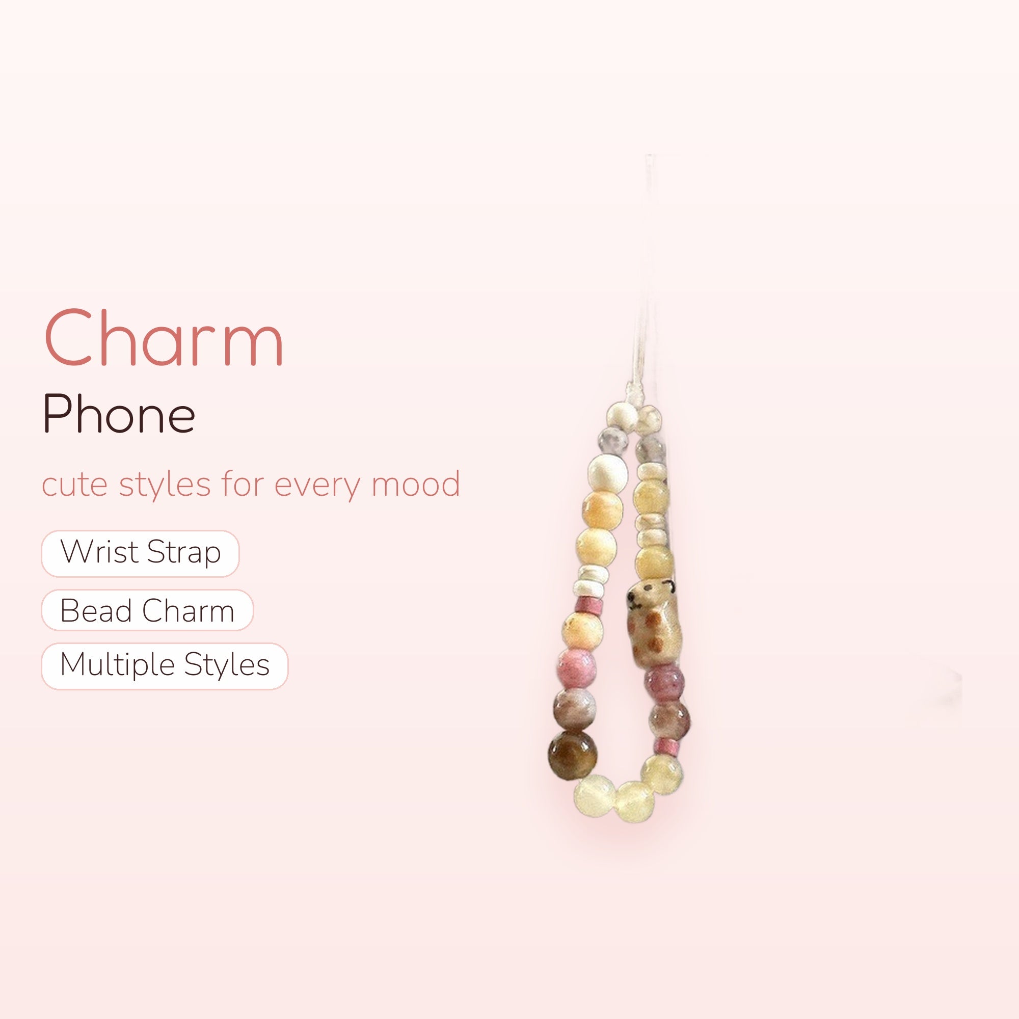 Aesthetic Beaded Phone Charm Strap with Bear Charm | Pastel Pink & Yellow Wrist Lanyard