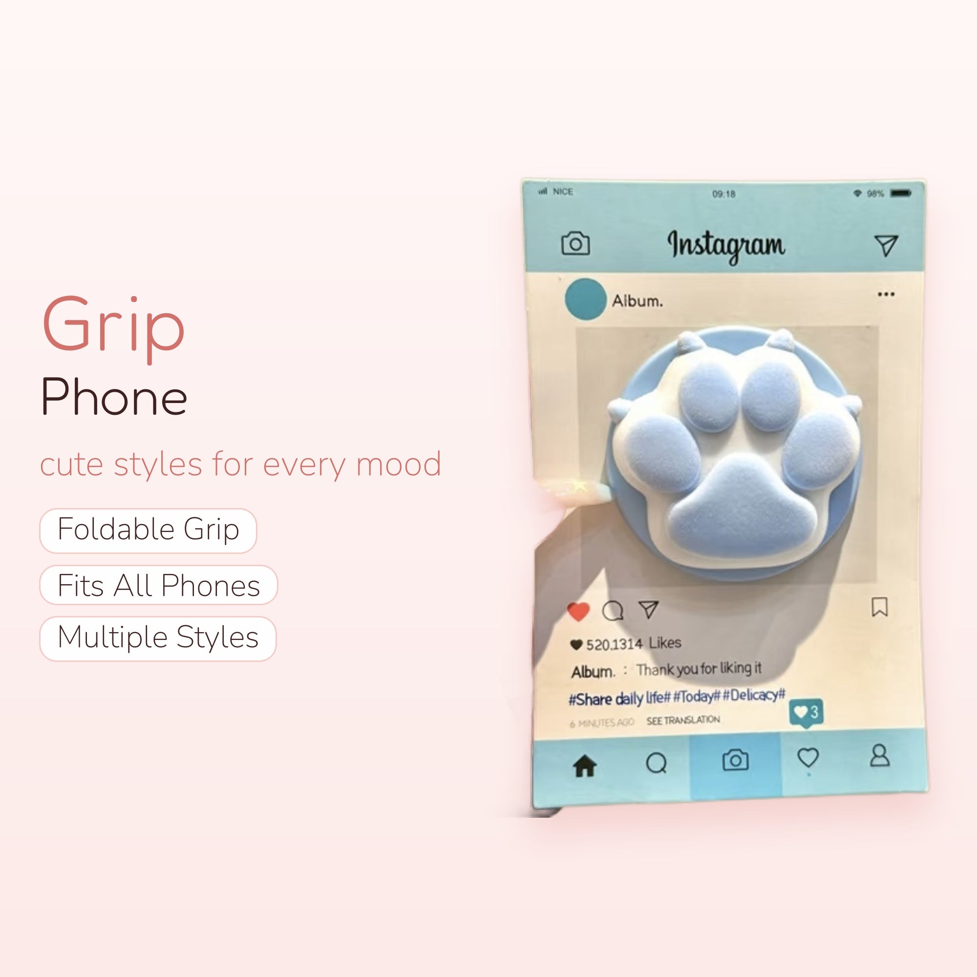 Kawaii Blue Paw Print Phone Grip | Cute Fluffy Pop Socket Stand
