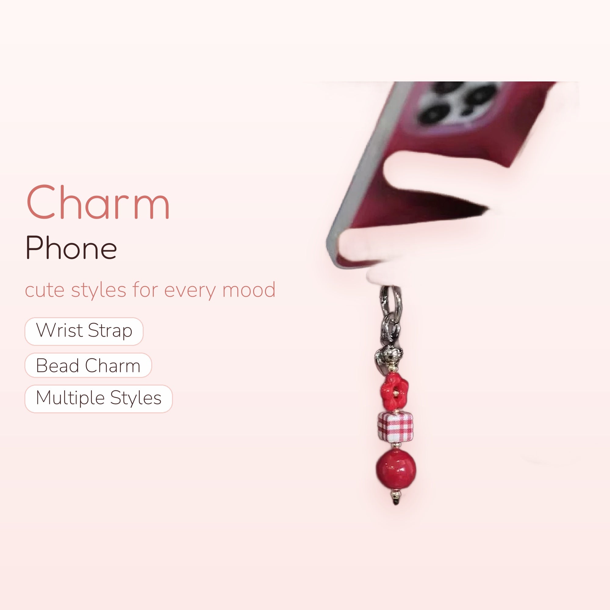Red Gingham & Floral Phone Charm | Aesthetic Beaded Phone Strap