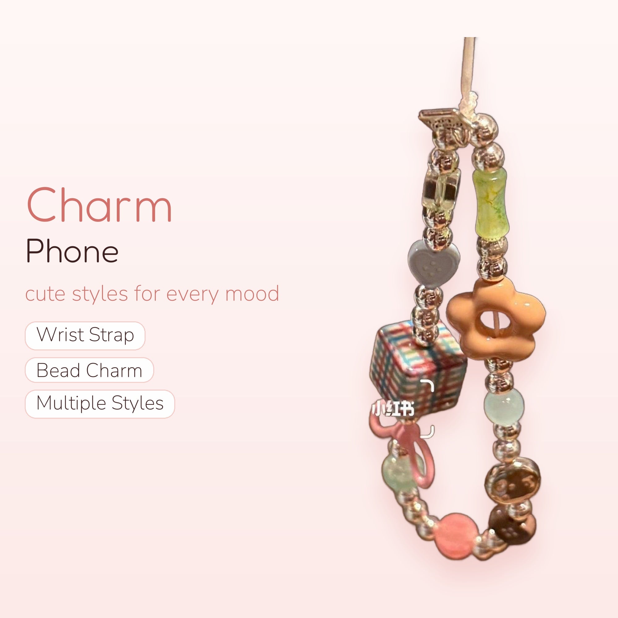 Pastel Beaded Phone Charm Strap | Kawaii Heart & Flower Wrist Lanyard