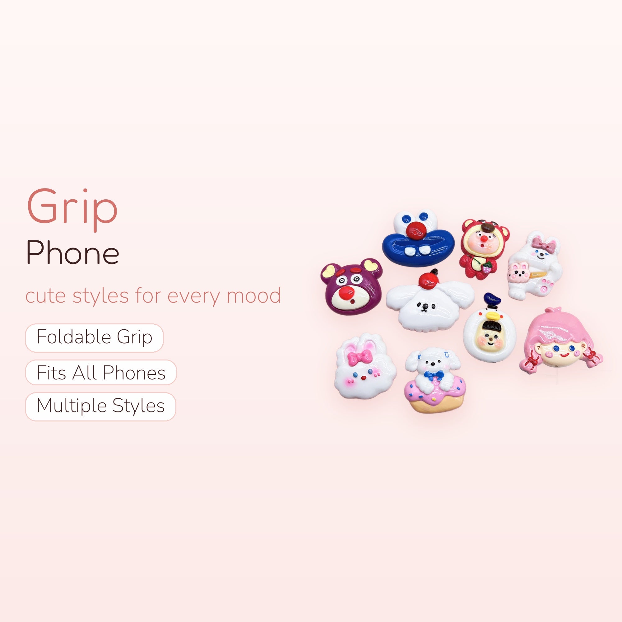 Assorted Kawaii Cartoon Character Phone Grips | Cute Animal & Girl Pop Socket Stands