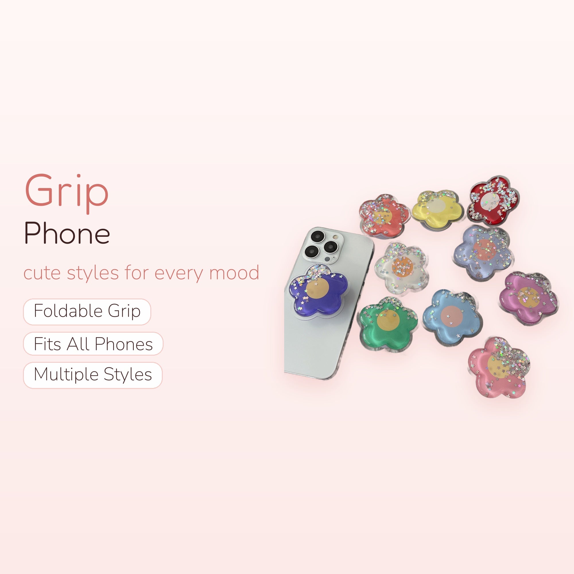 Cartoon Glitter Flowers Liquid Quicksand Phone Grip | SIMPLYBUBBI Phone Grip