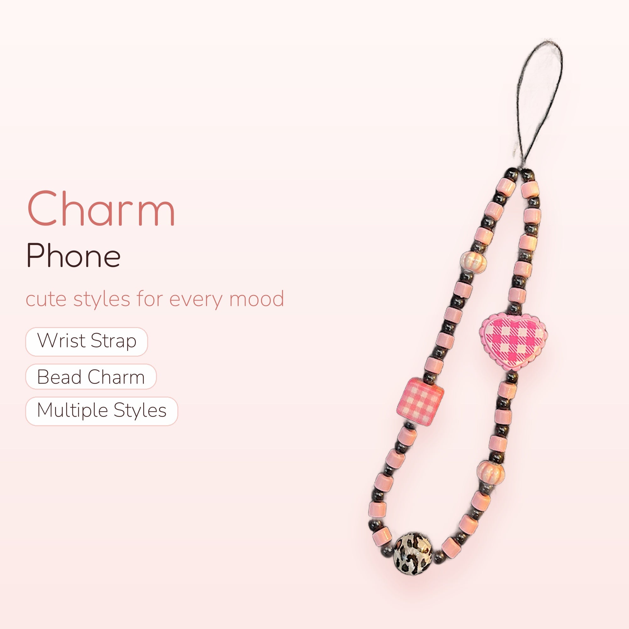 Pink Gingham Heart & Leopard Beaded Phone Charm | Aesthetic Wrist Strap Lanyard