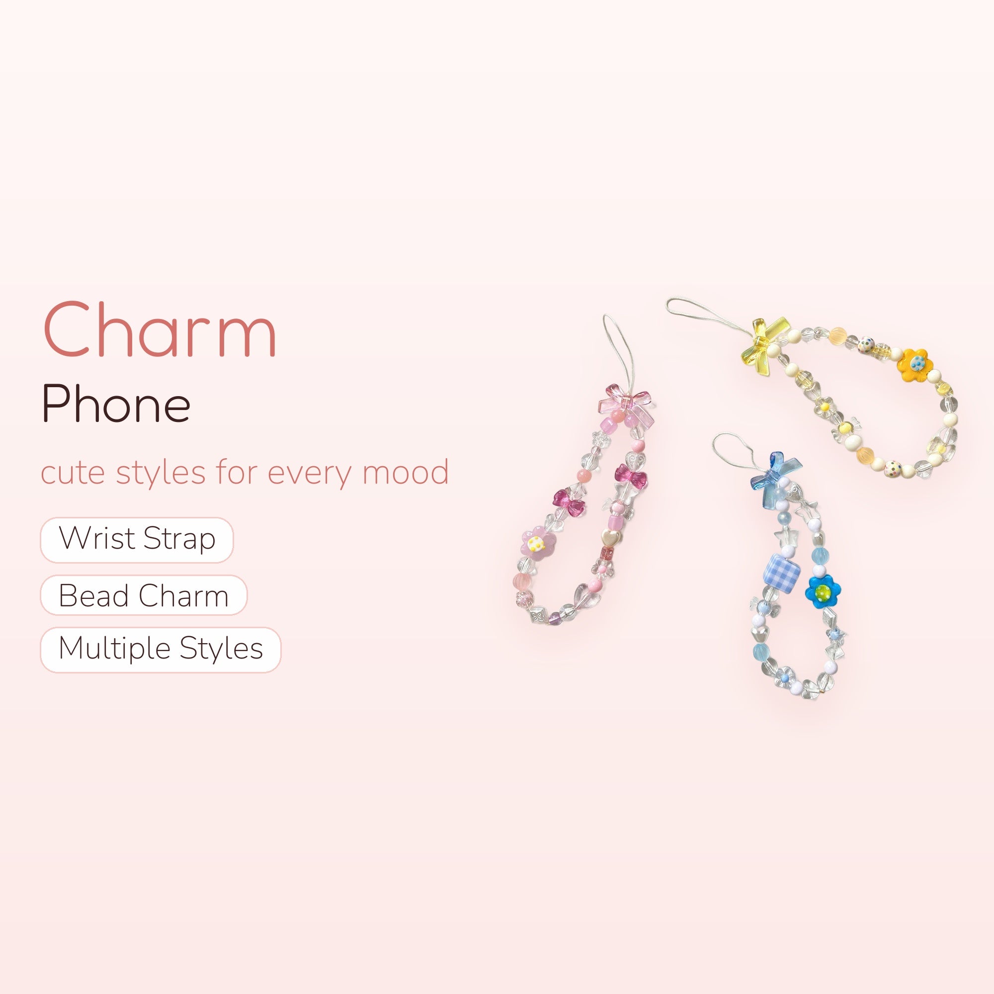 Kawaii Beaded Phone Charm Wristlet | Pastel Bow & Flower Phone Strap
