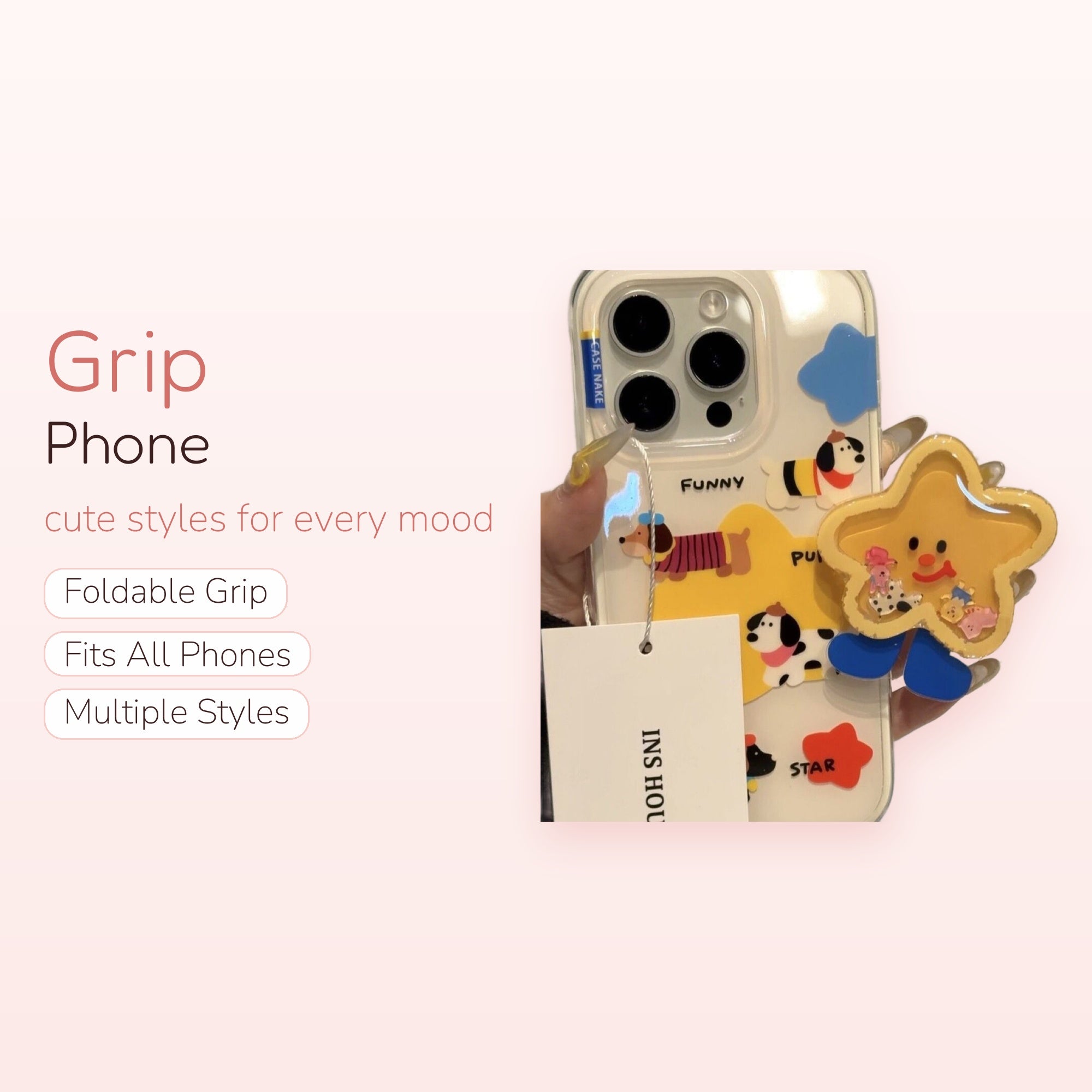Kawaii Yellow Star Shaker Phone Grip | Cute Cartoon Dog Pop Socket Stand