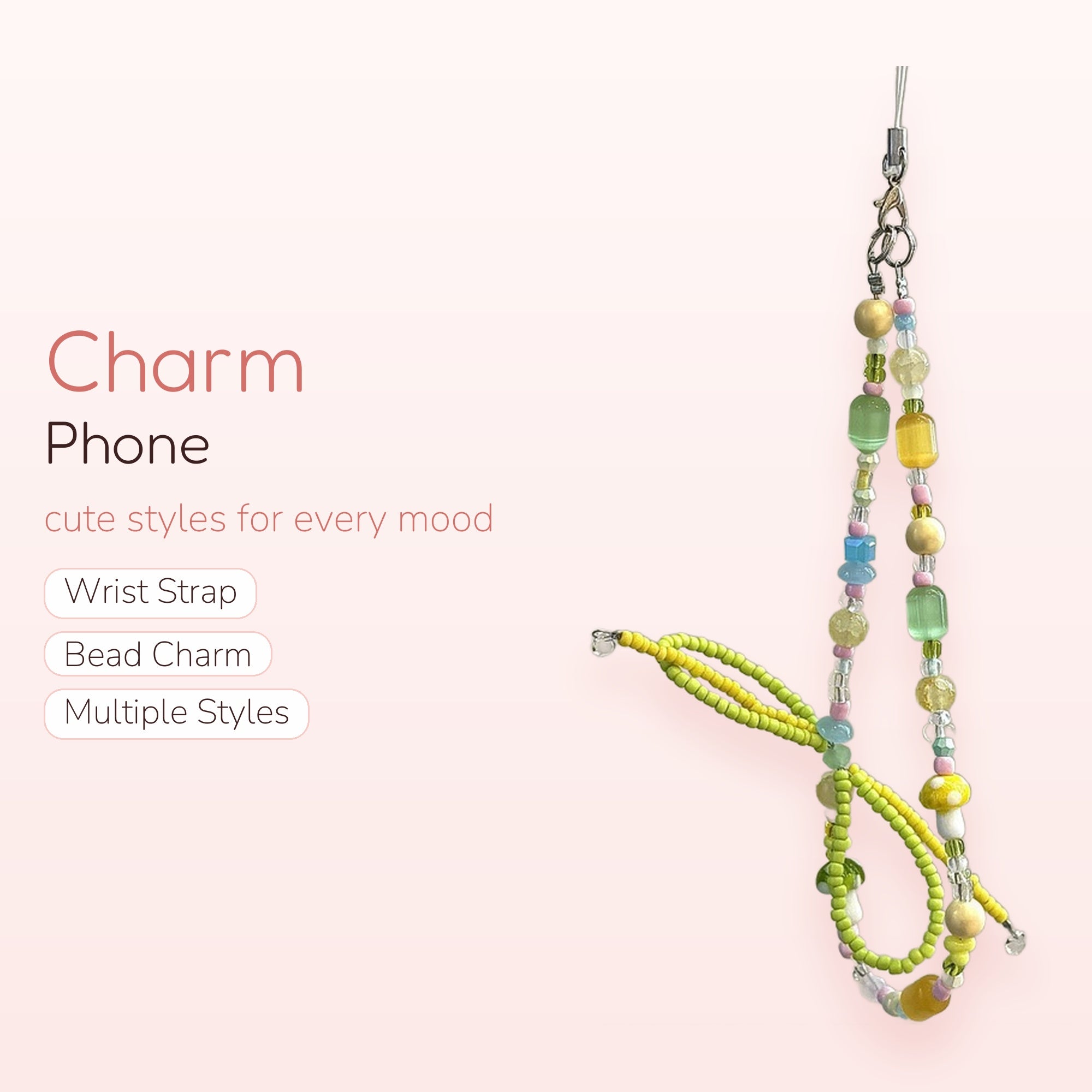 Pastel Beaded Mushroom Phone Charm | Cute Green & Yellow Wrist Lanyard