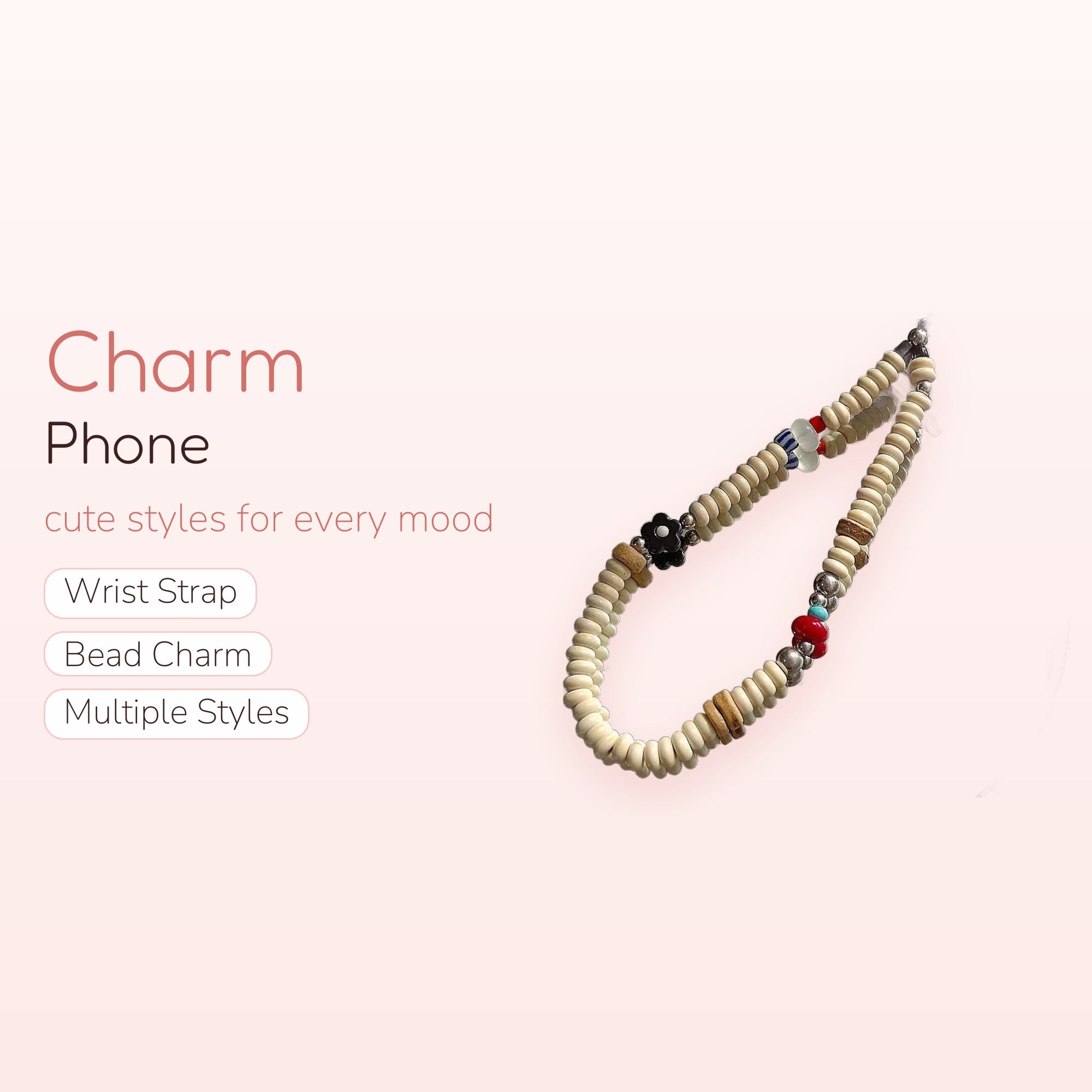 Aesthetic Beaded Phone Charm Strap | Boho Wooden Bead Wrist Lanyard