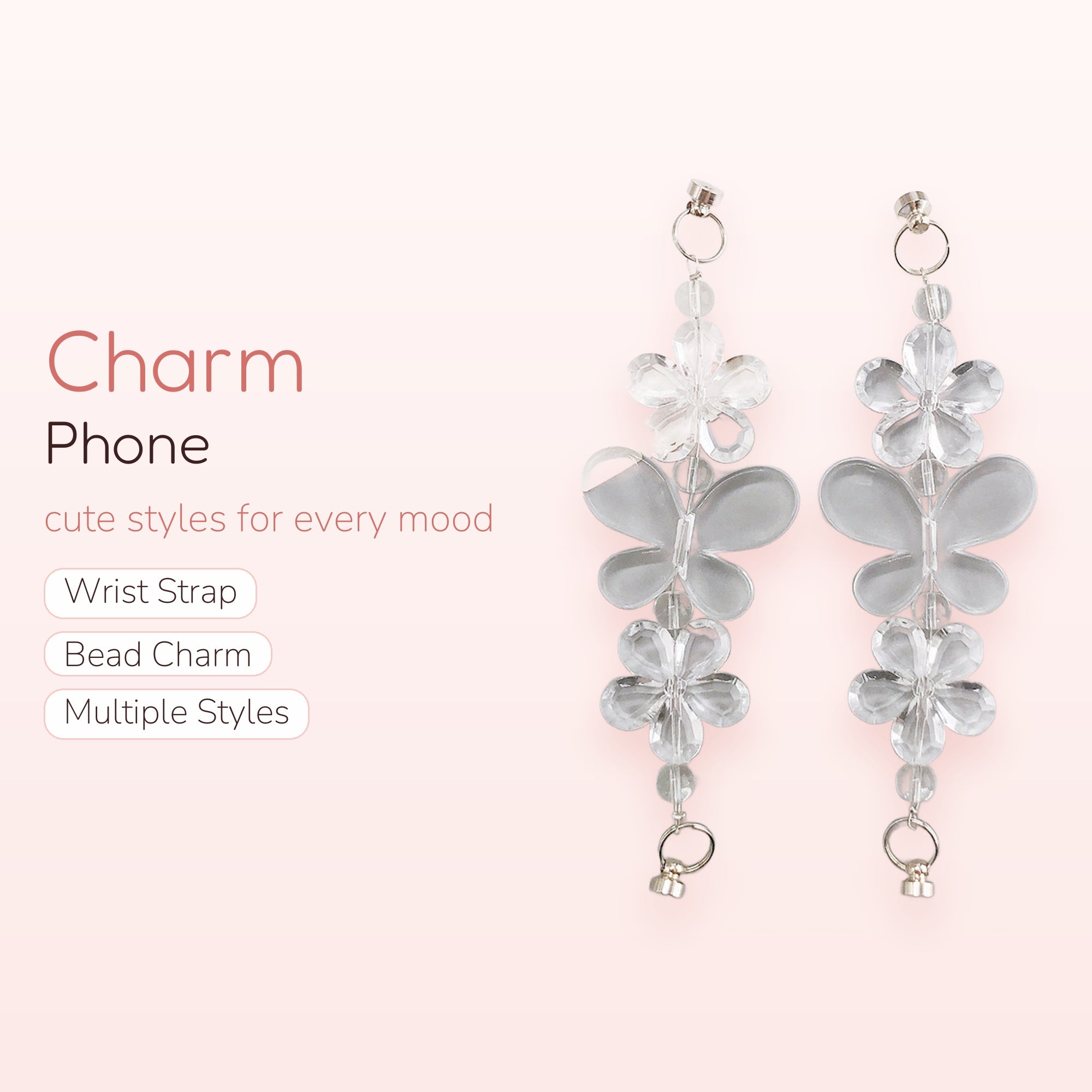 Clear Butterfly & Flower Phone Charm | Aesthetic Beaded Lanyard Strap