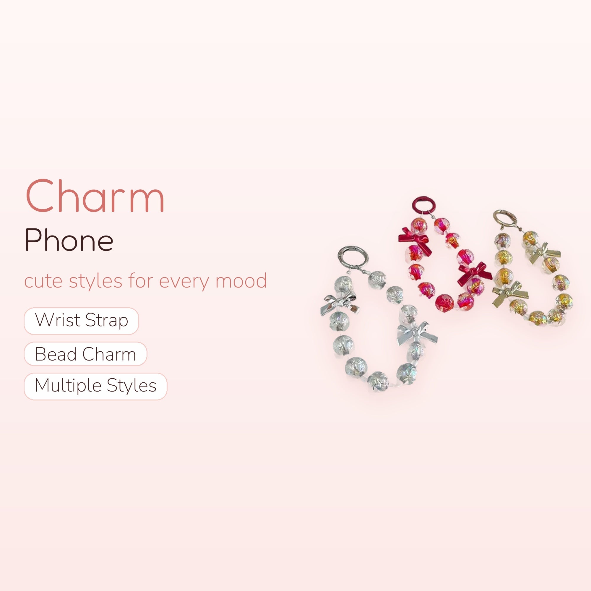 Sparkly Beaded Bow Phone Charm Strap | Y2K Aesthetic Wrist Lanyard