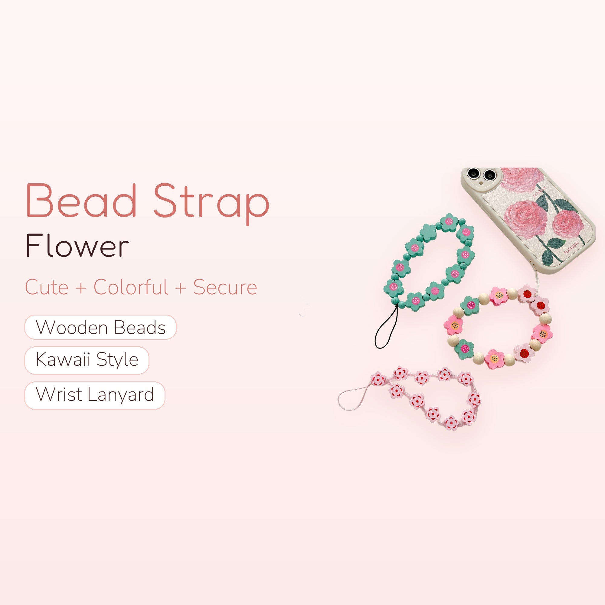Kawaii Flower Bead Phone Charm Strap | Cute Wooden Wrist Lanyard