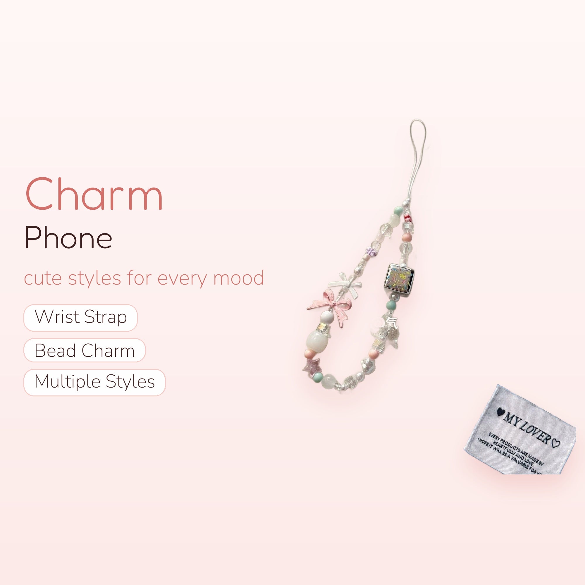 Pastel Beaded Phone Charm Strap | Kawaii Bow & Bear Cube Wrist Lanyard