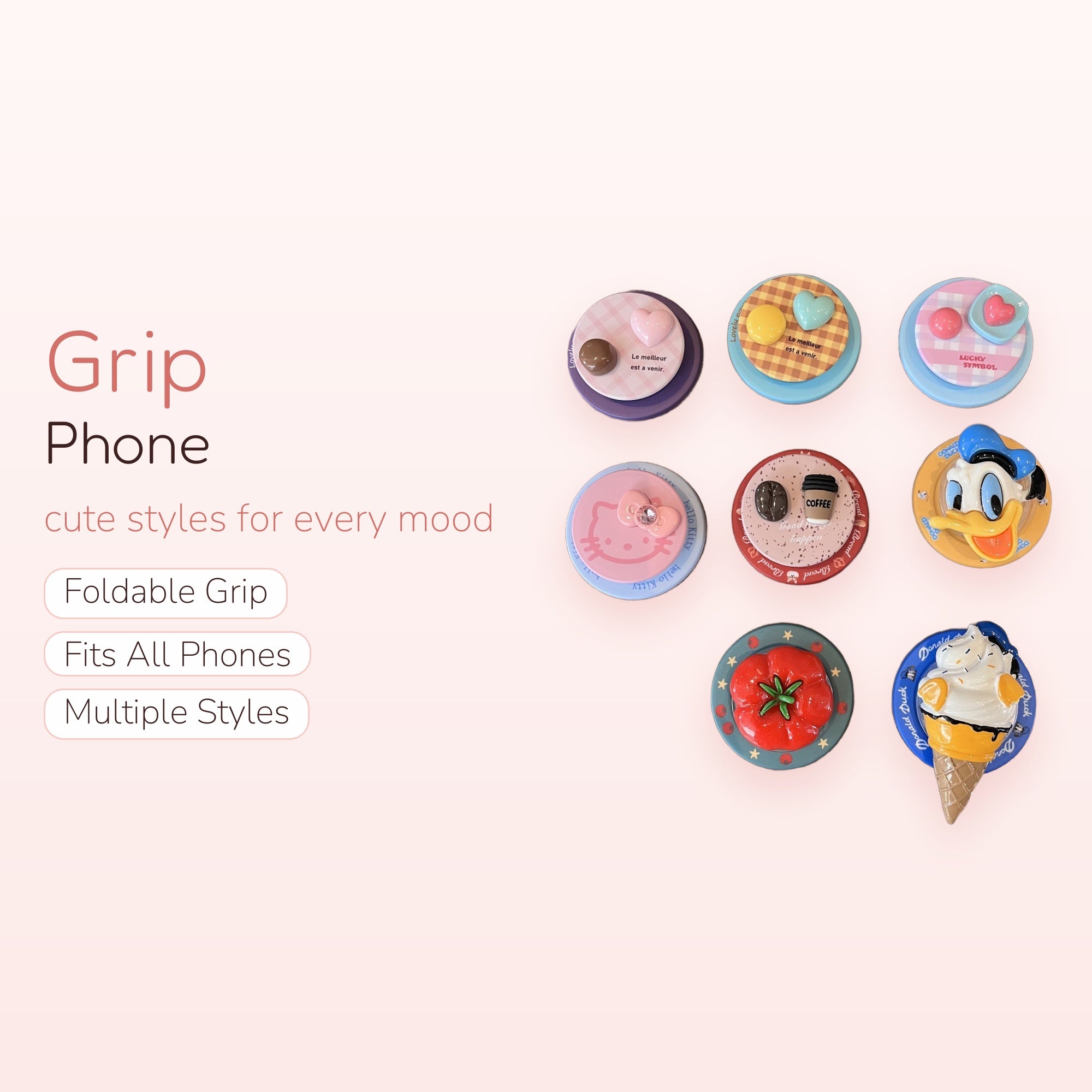 Kawaii Assorted Character & Food Phone Grips | Cute Pop Socket Stand for Phones