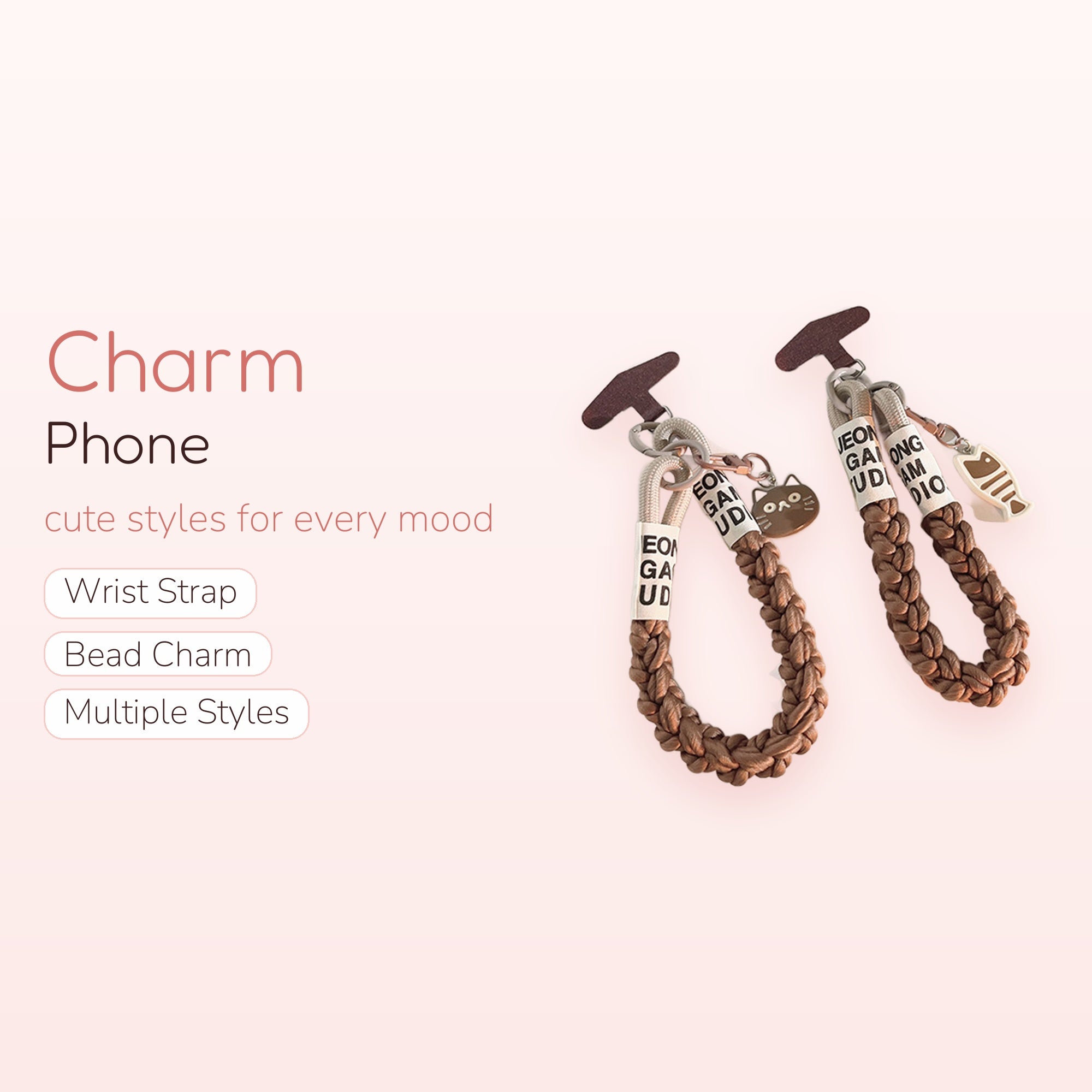 Braided Wrist Phone Charm Strap | Cute Cat & Fishbone Pendant Lanyard