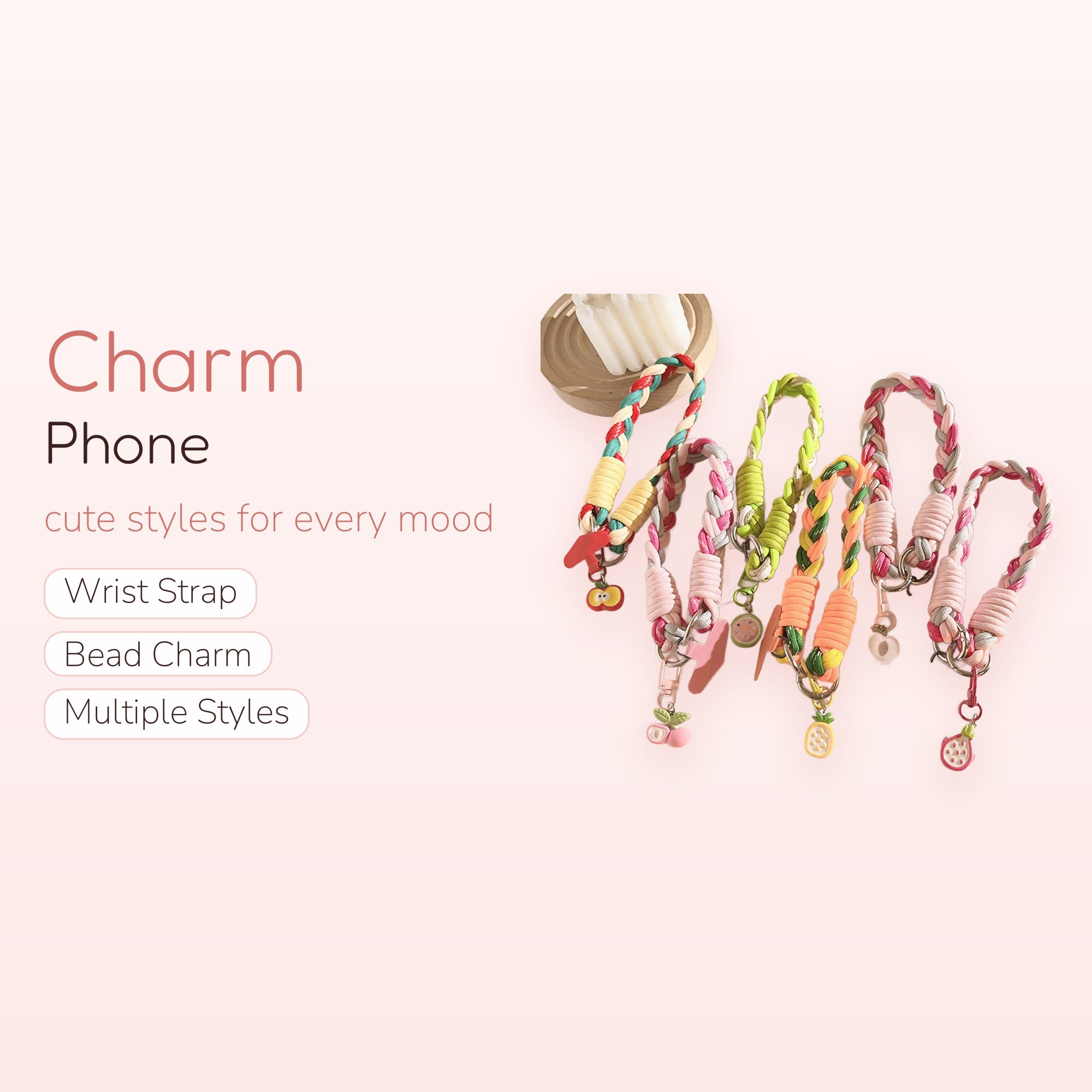 Braided Fruit Phone Charm Wrist Strap | Colorful Paracord Lanyard with Fruit Pendants