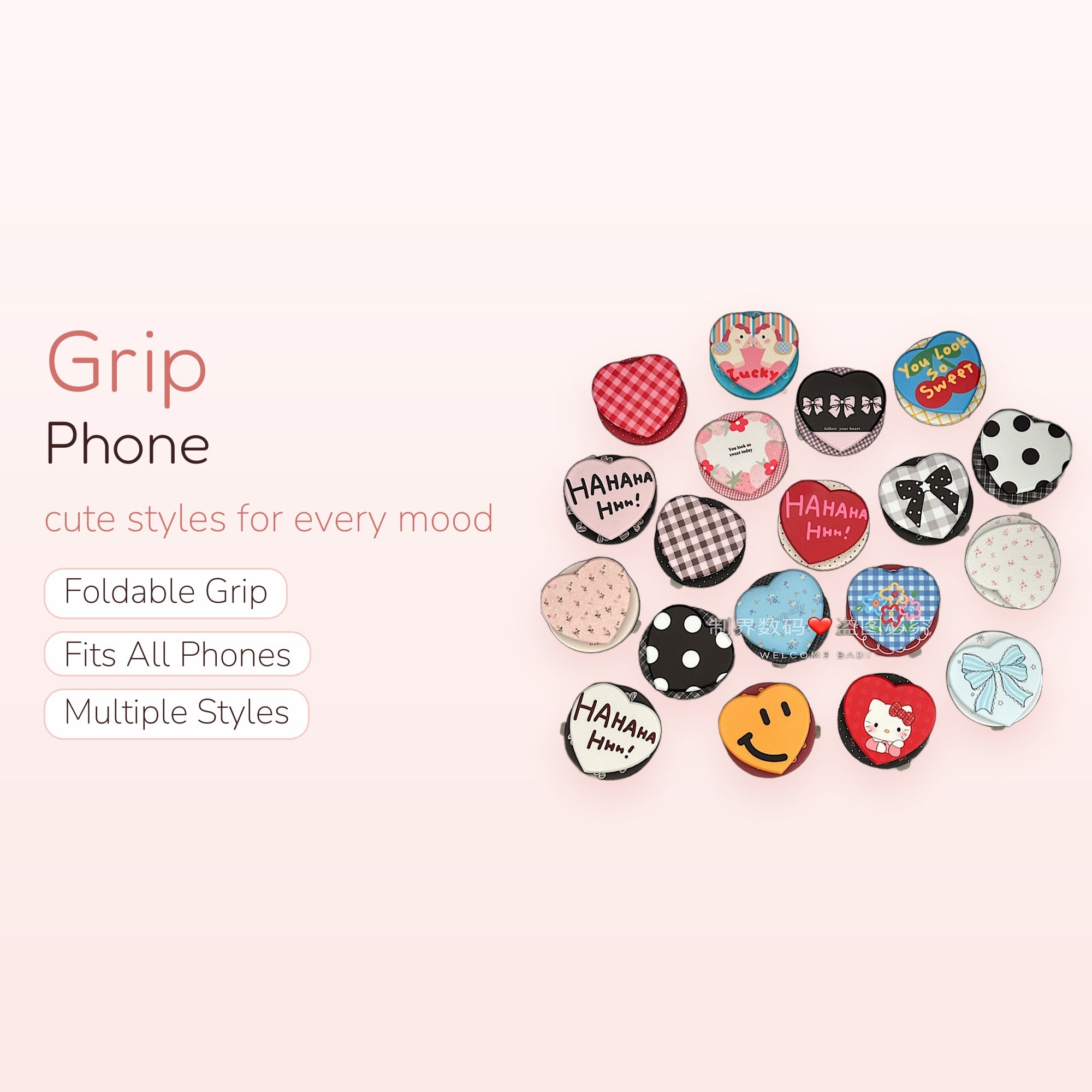 Assorted Heart & Round Kawaii Phone Grips | Cute Pop Socket Stands with Various Designs