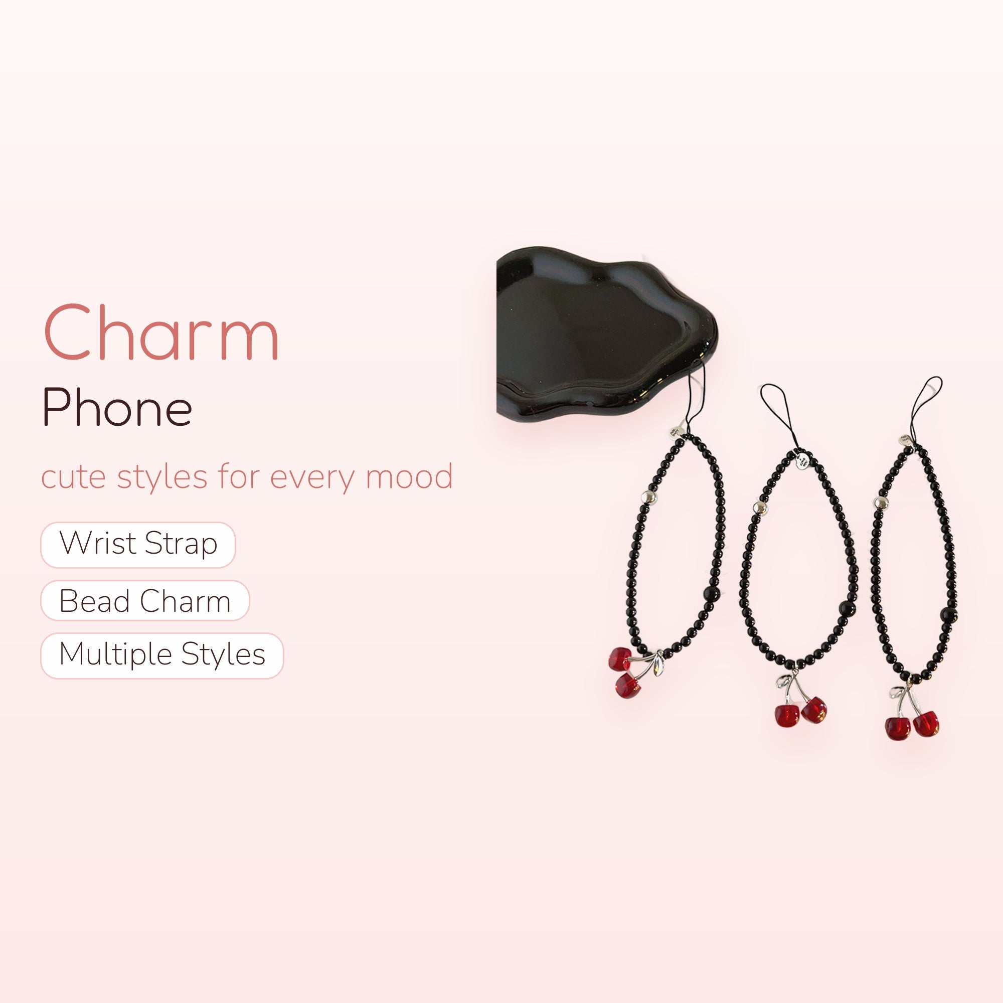 Cute Black Beaded Cherry Phone Charm | Aesthetic Red Fruit Wrist Strap