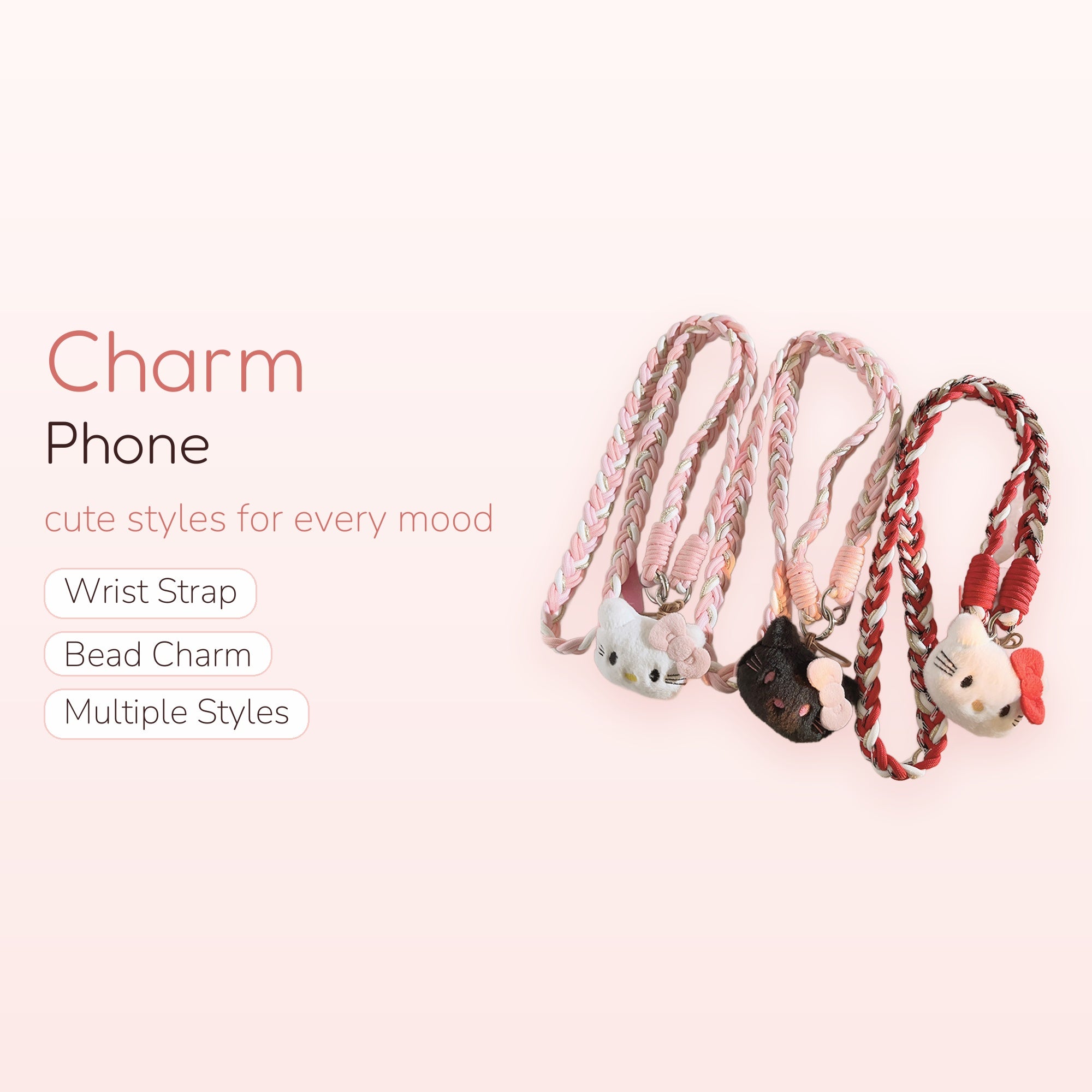 Braided Hello Kitty Phone Charm Lanyard | Cute Plush Kitty Wrist Strap