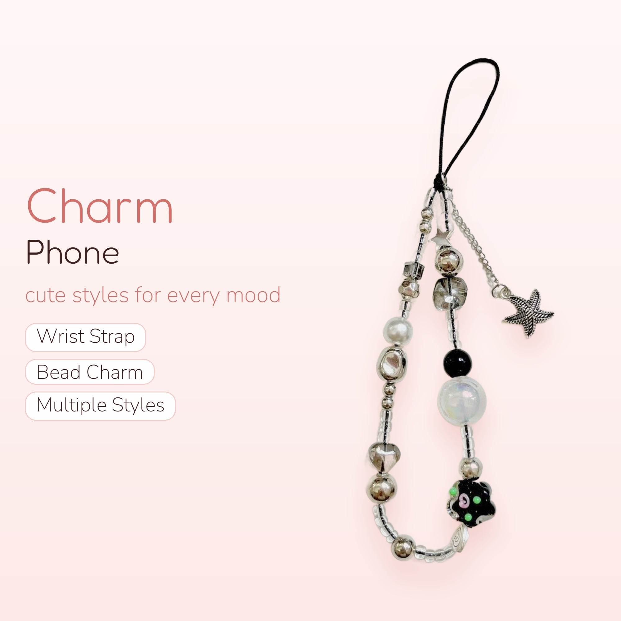 Y2K Silver & Clear Beaded Phone Charm | Starfish & Black Blob Phone Strap
