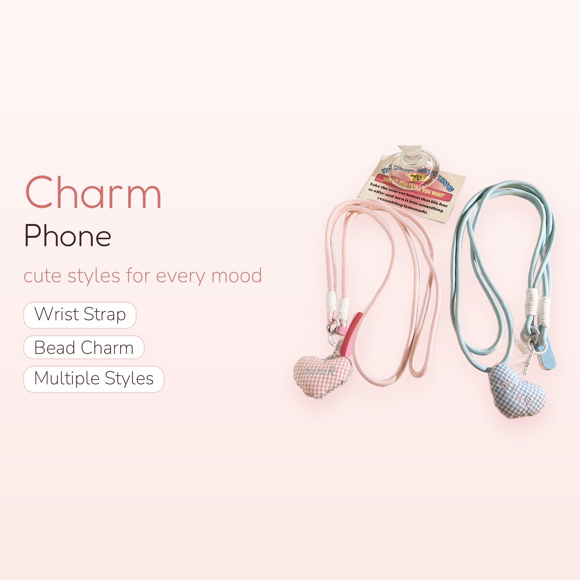 Kawaii Gingham Heart Phone Lanyard | Pastel Pink & Blue Crossbody Strap