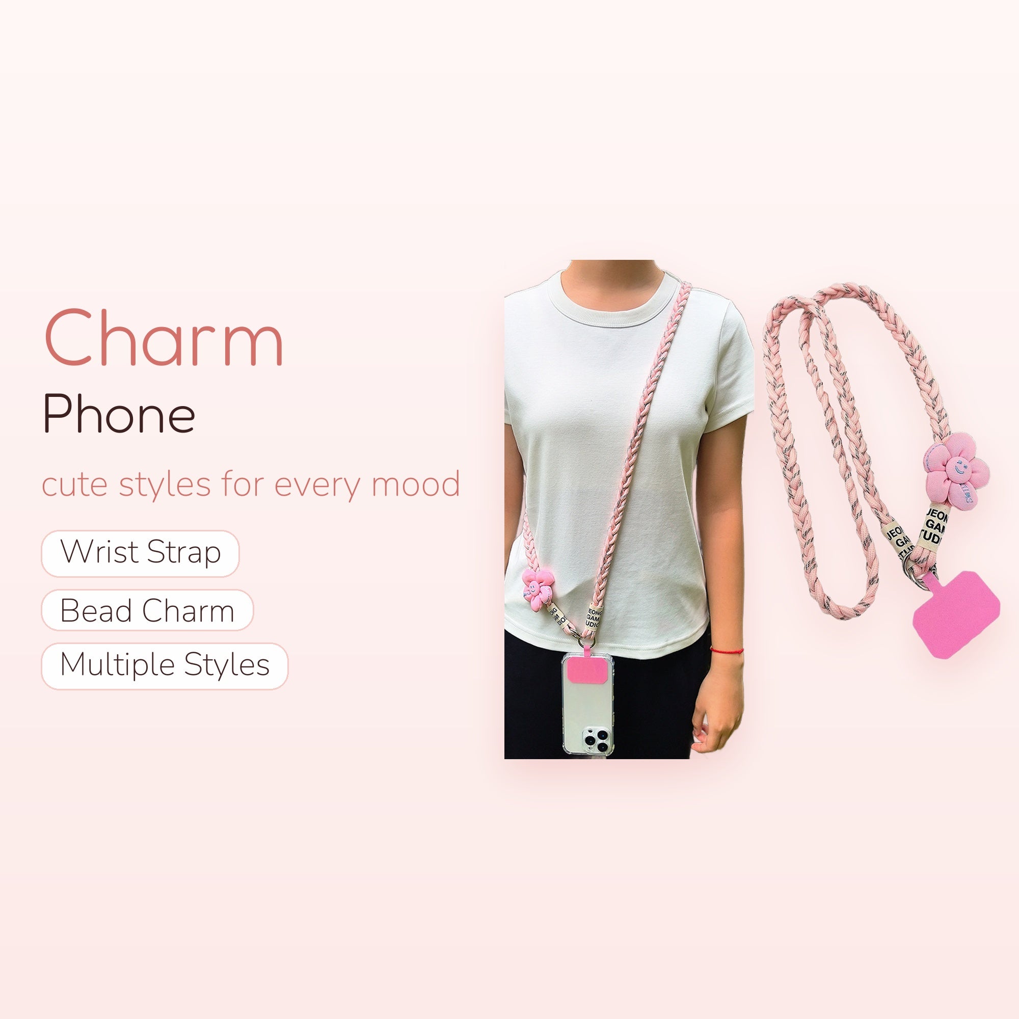 Cute Pink Braided Phone Lanyard | Kawaii Flower Crossbody Phone Strap