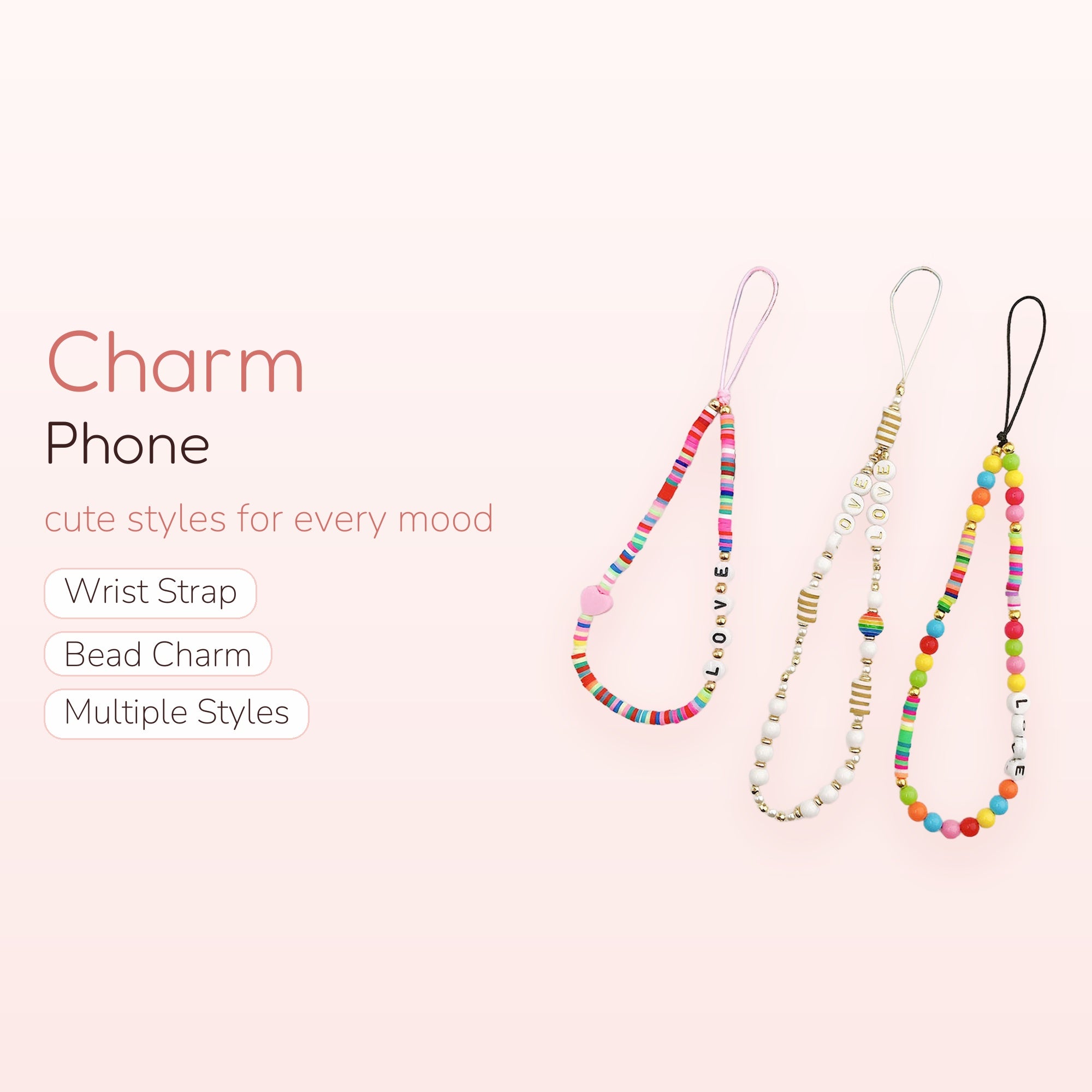 Aesthetic Beaded Phone Charm Strap with "LOVE" Letter Beads | Rainbow Clay Disc Wrist Lanyard