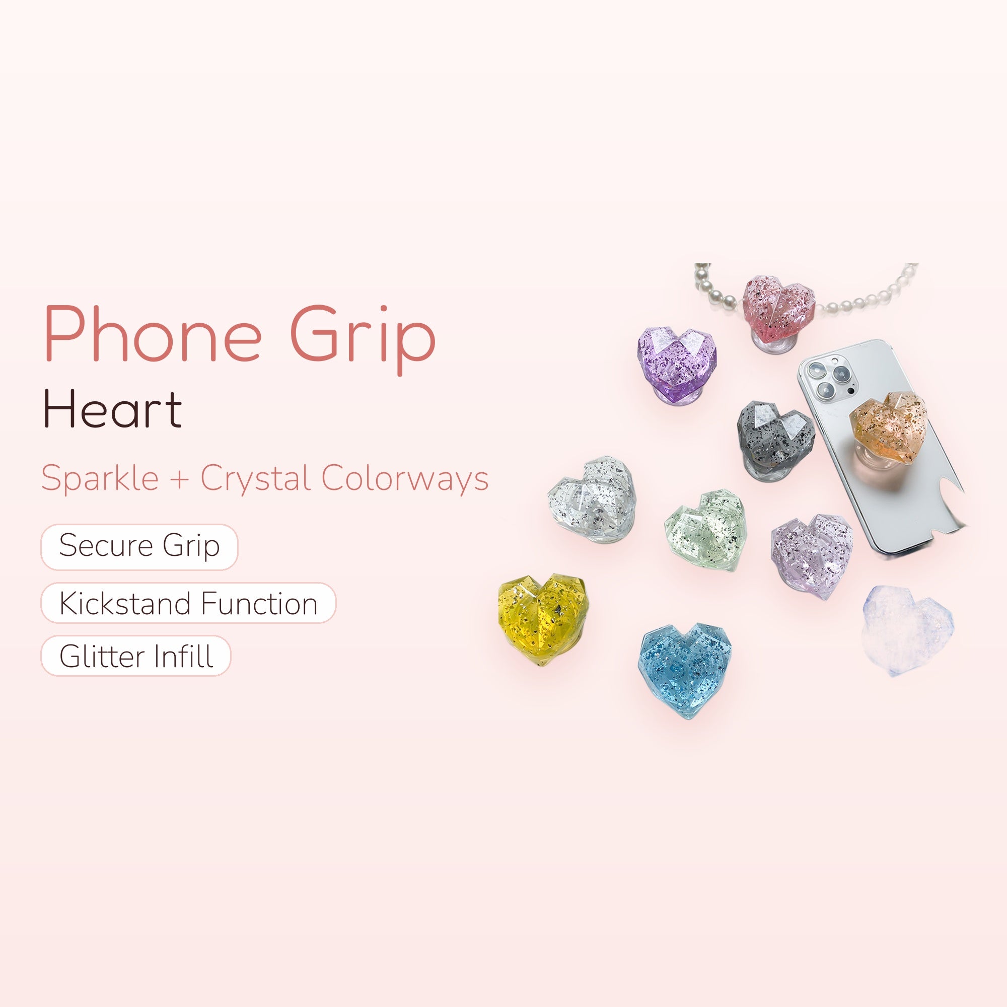 Sparkle Heart Phone Grip | Kawaii Crystal Phone Stand