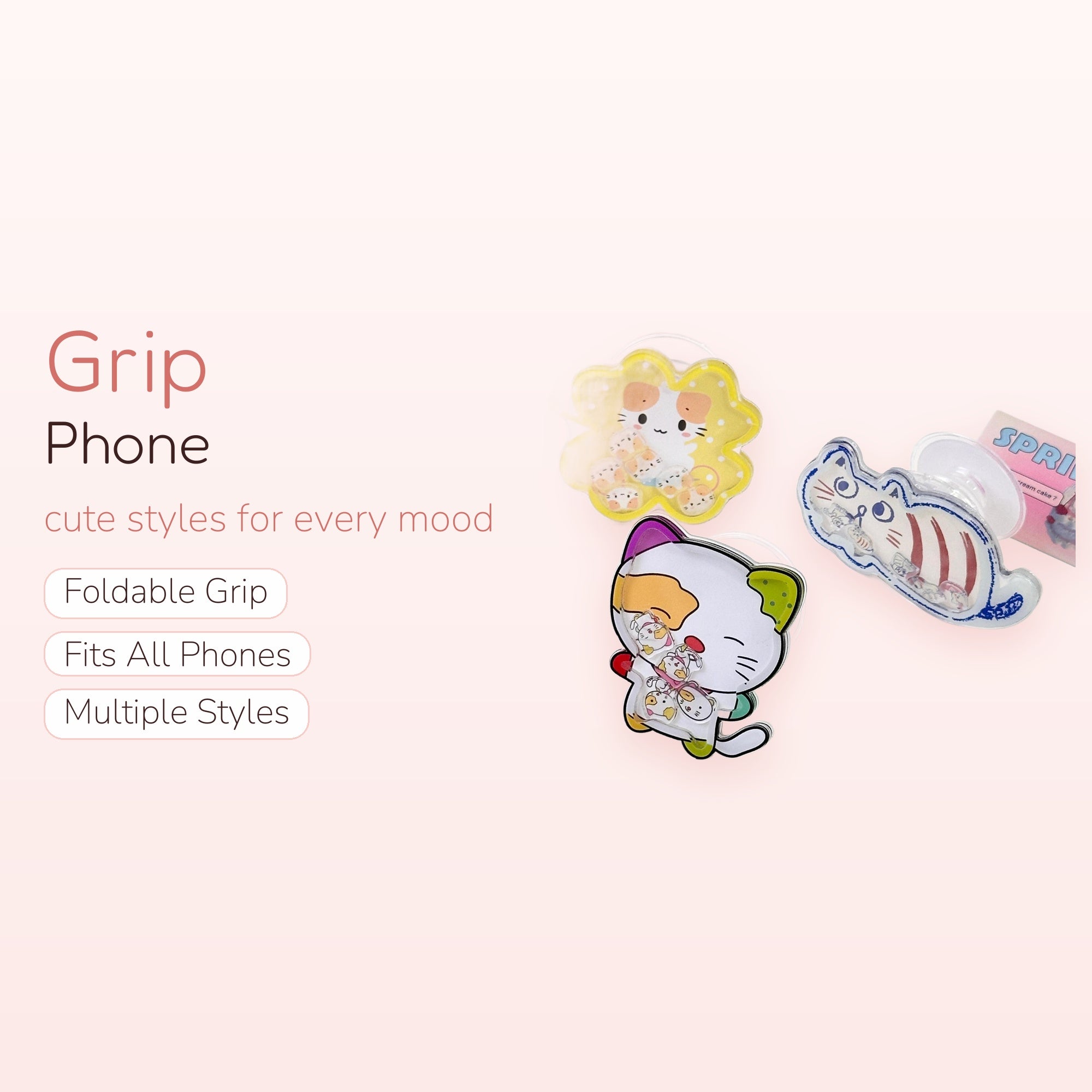 Kawaii Cat Shaker Phone Grip | Cute Liquid Glitter Pop Socket Stand