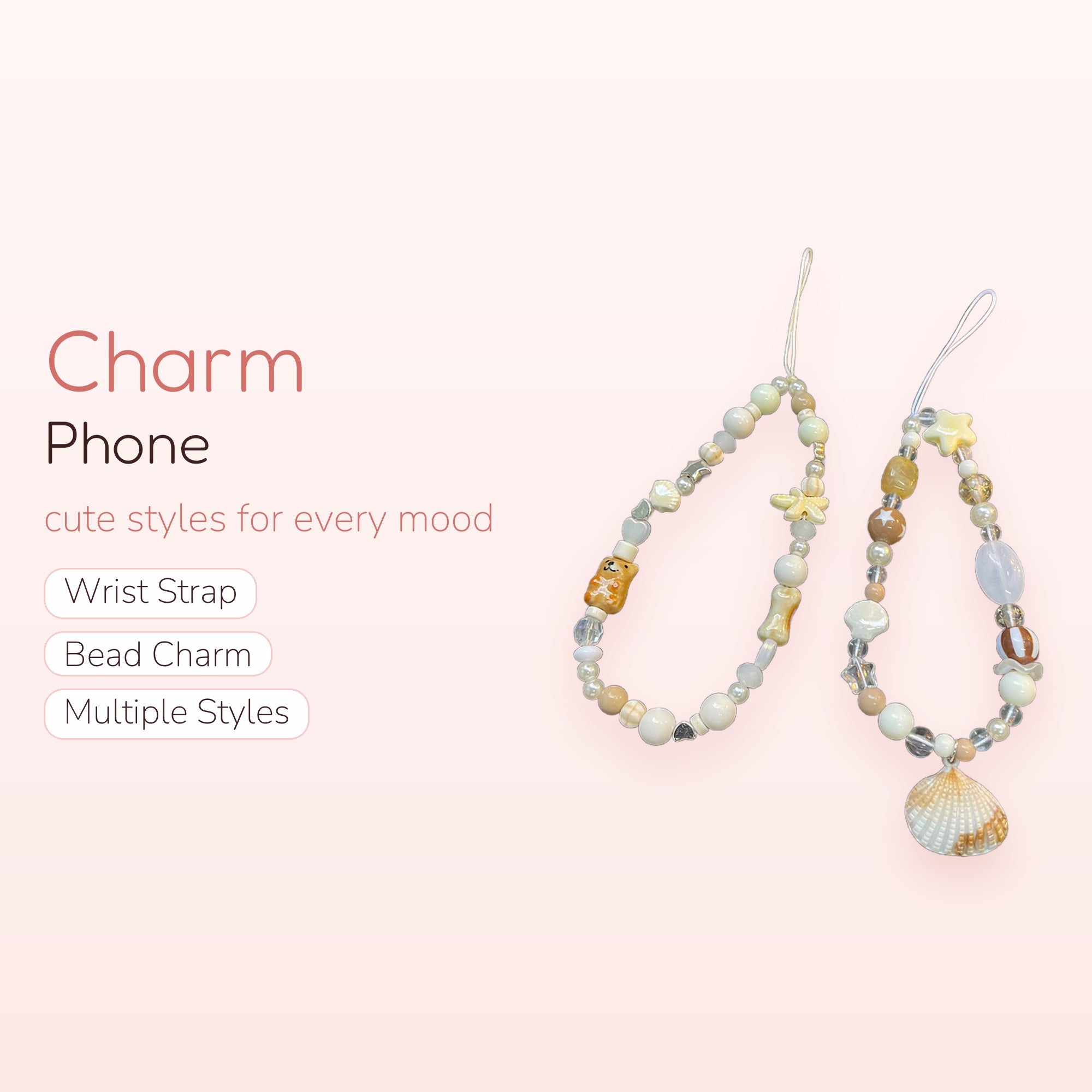Aesthetic Neutral Beaded Phone Charm Strap | Kawaii Shell & Animal Wrist Lanyard