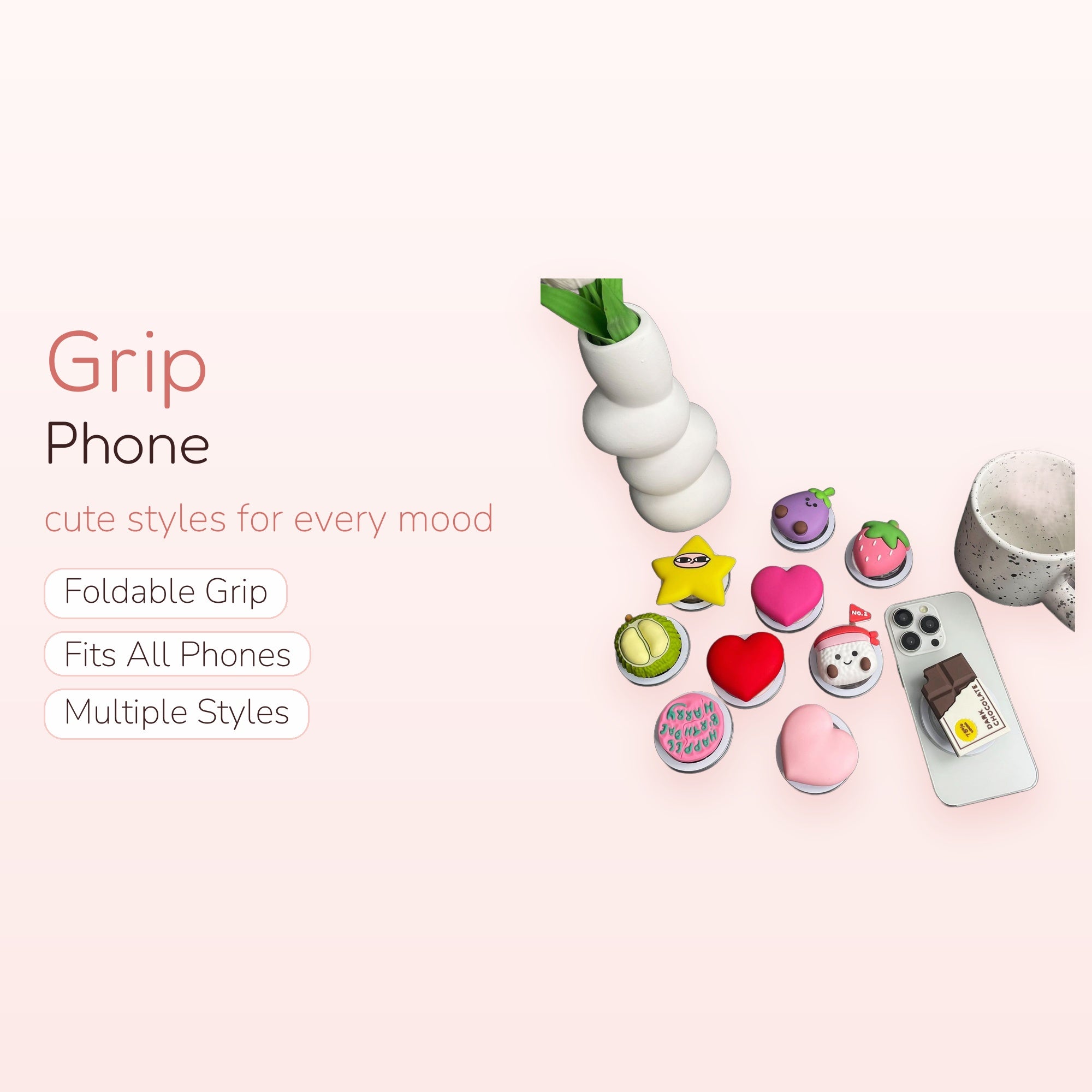 Kawaii Fruit & Food Phone Grip | Cute Heart & Star Pop Socket Stand