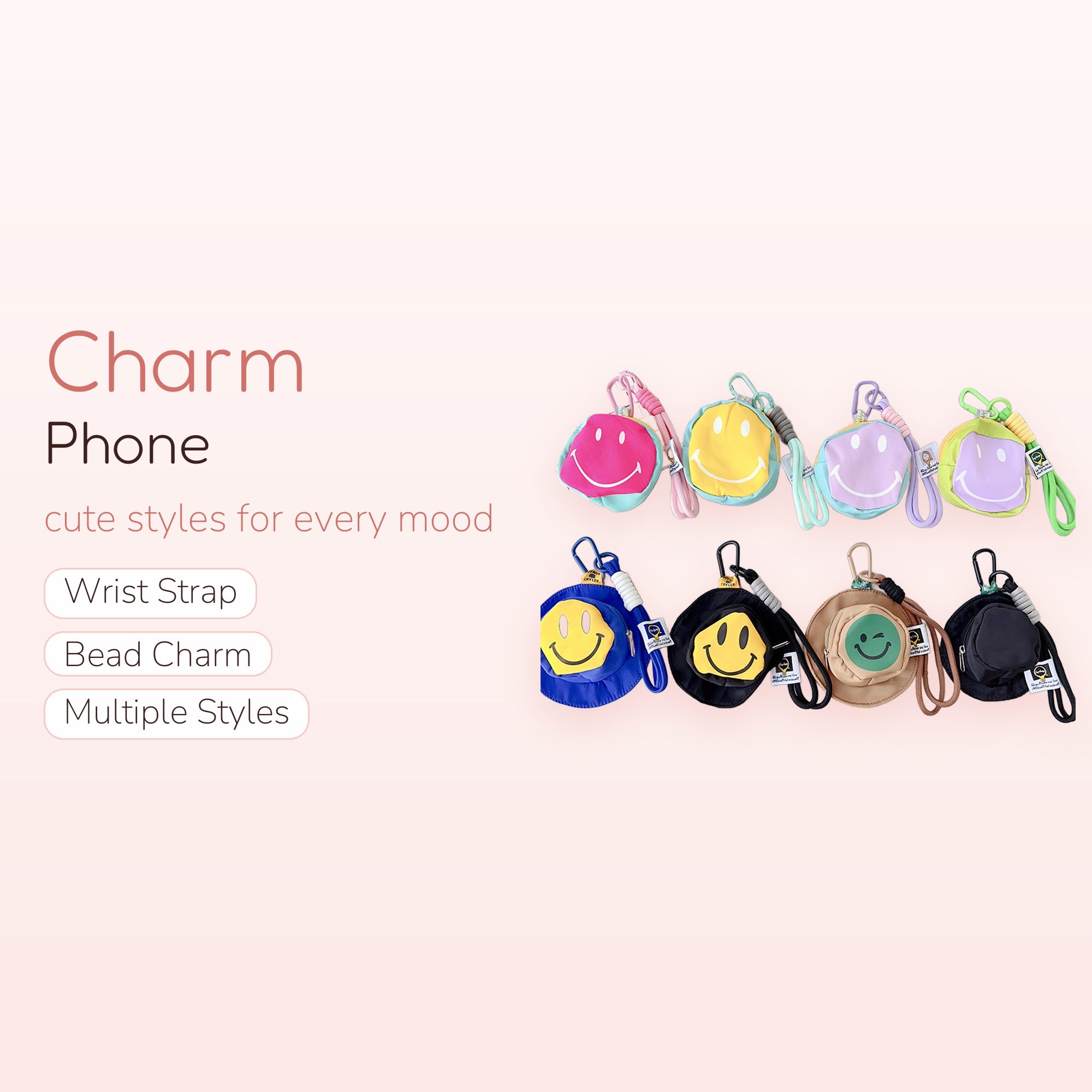 Kawaii Smiley Face Pouch Phone Charm | Colorful Mini Bag Keychain Lanyard